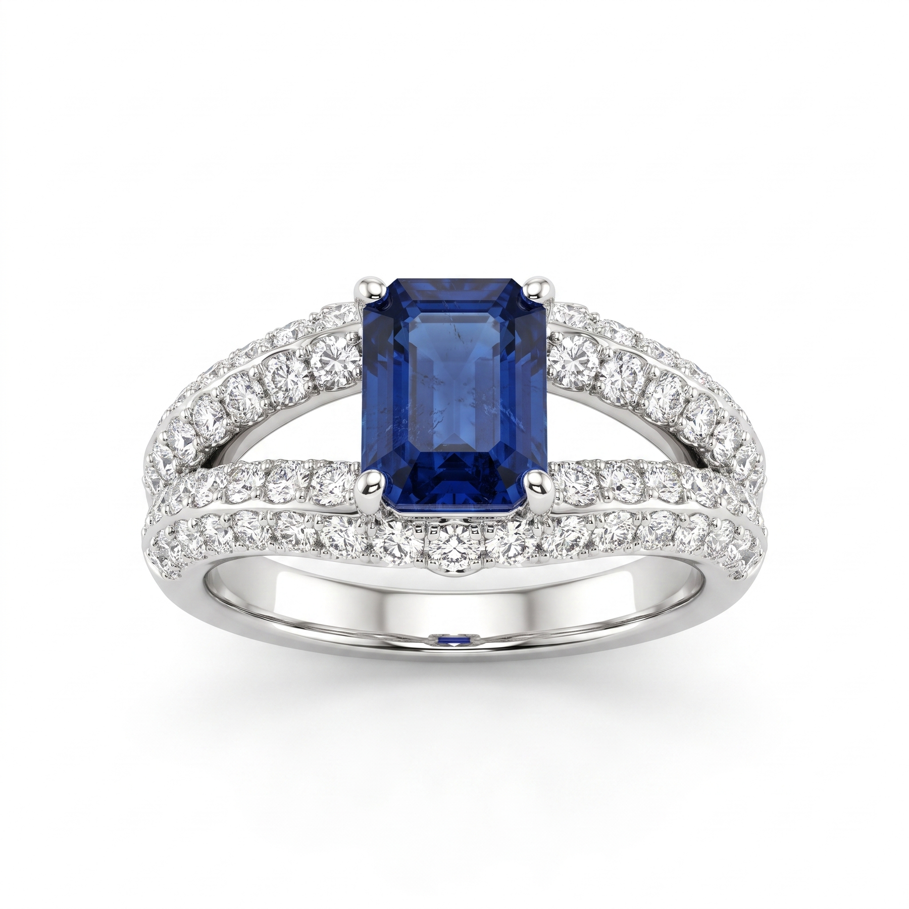 Natural Sapphire & Diamond Ring | Emerald Cut Natural Sapphire | 1.49 CT Natural Diamonds | 18K White Gold