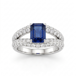 Natural Sapphire & Diamond Ring | Emerald Cut Natural Sapphire | 1.49 CT Natural Diamonds | 18K White Gold