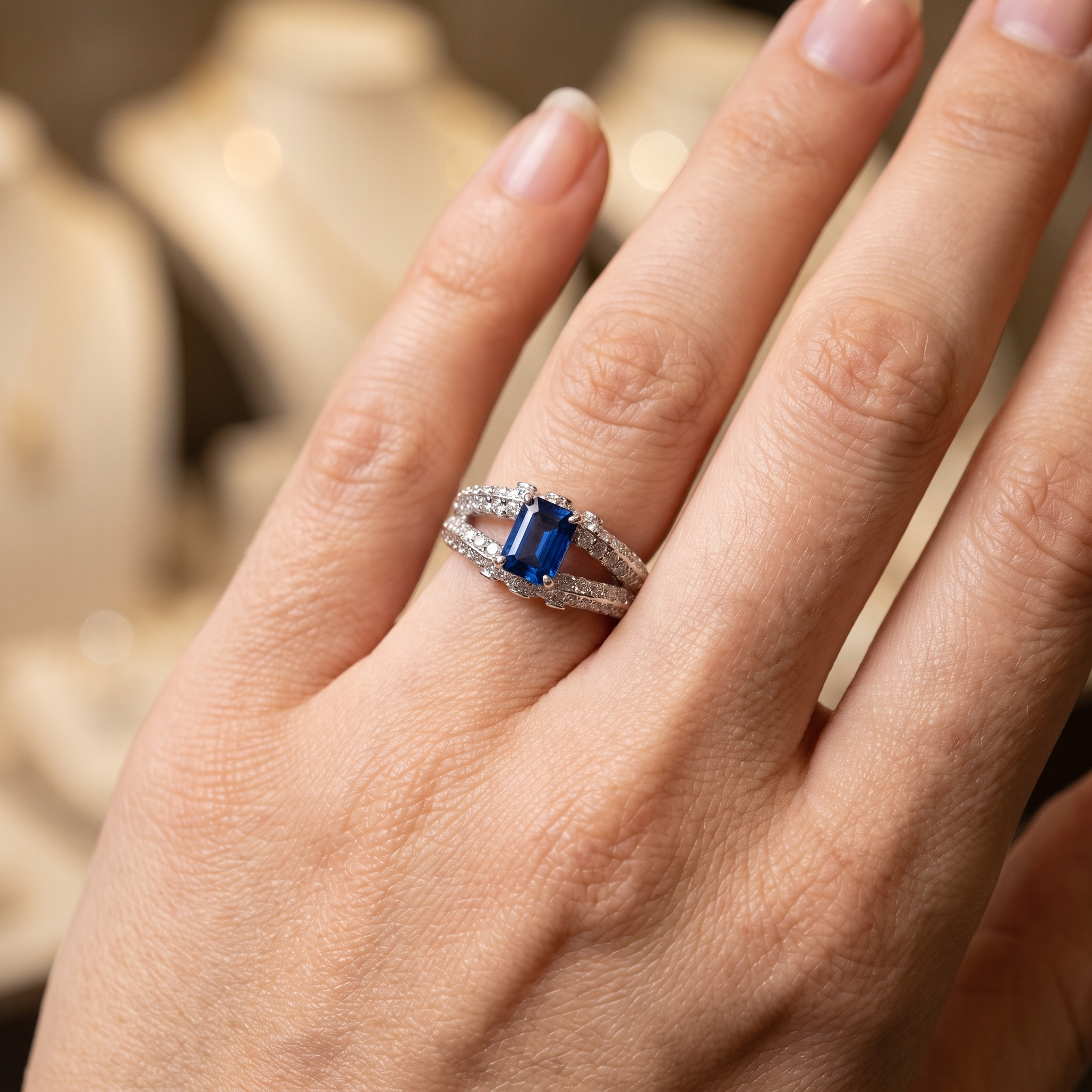 Natural Sapphire & Diamond Ring | Emerald Cut Natural Sapphire | 1.49 CT Natural Diamonds | 18K White Gold Secondary image