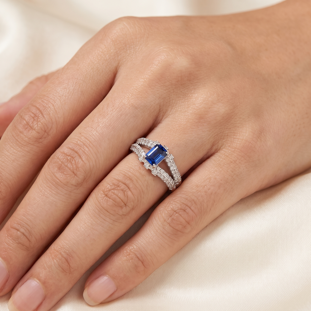 Natural Sapphire & Diamond Ring | Emerald Cut Natural Sapphire | 1.49 CT Natural Diamonds | 18K White Gold