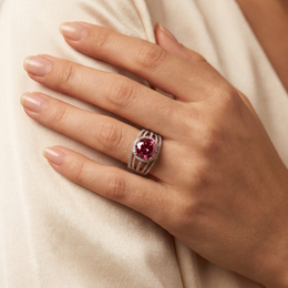 Natural Pink Sapphire & Diamond Ring | Cushion Cut Natural Pink Sapphire | 0.79 CT Natural Diamonds | 18K White Gold | Saleh Sallom Jewelry