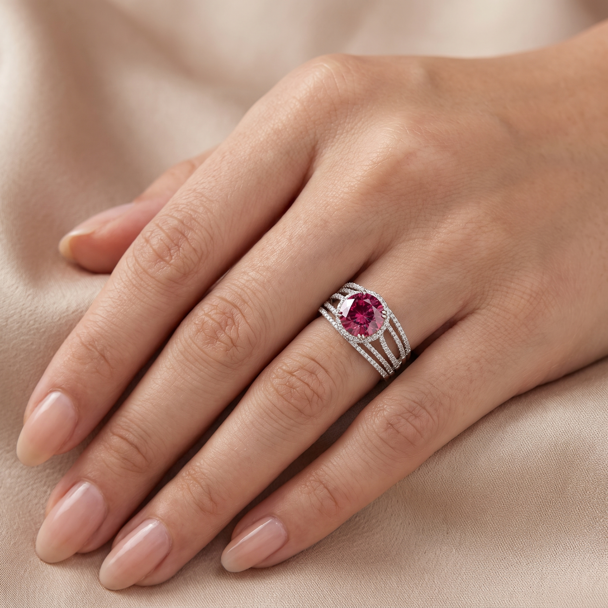 Natural Pink Sapphire & Diamond Ring | Cushion Cut Natural Pink Sapphire | 0.79 CT Natural Diamonds | 18K White Gold | Saleh Sallom Jewelry Secondary image