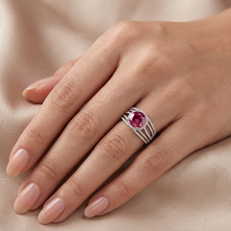 Natural Pink Sapphire & Diamond Ring | Cushion Cut Natural Pink Sapphire | 0.79 CT Natural Diamonds | 18K White Gold | Saleh Sallom Jewelry