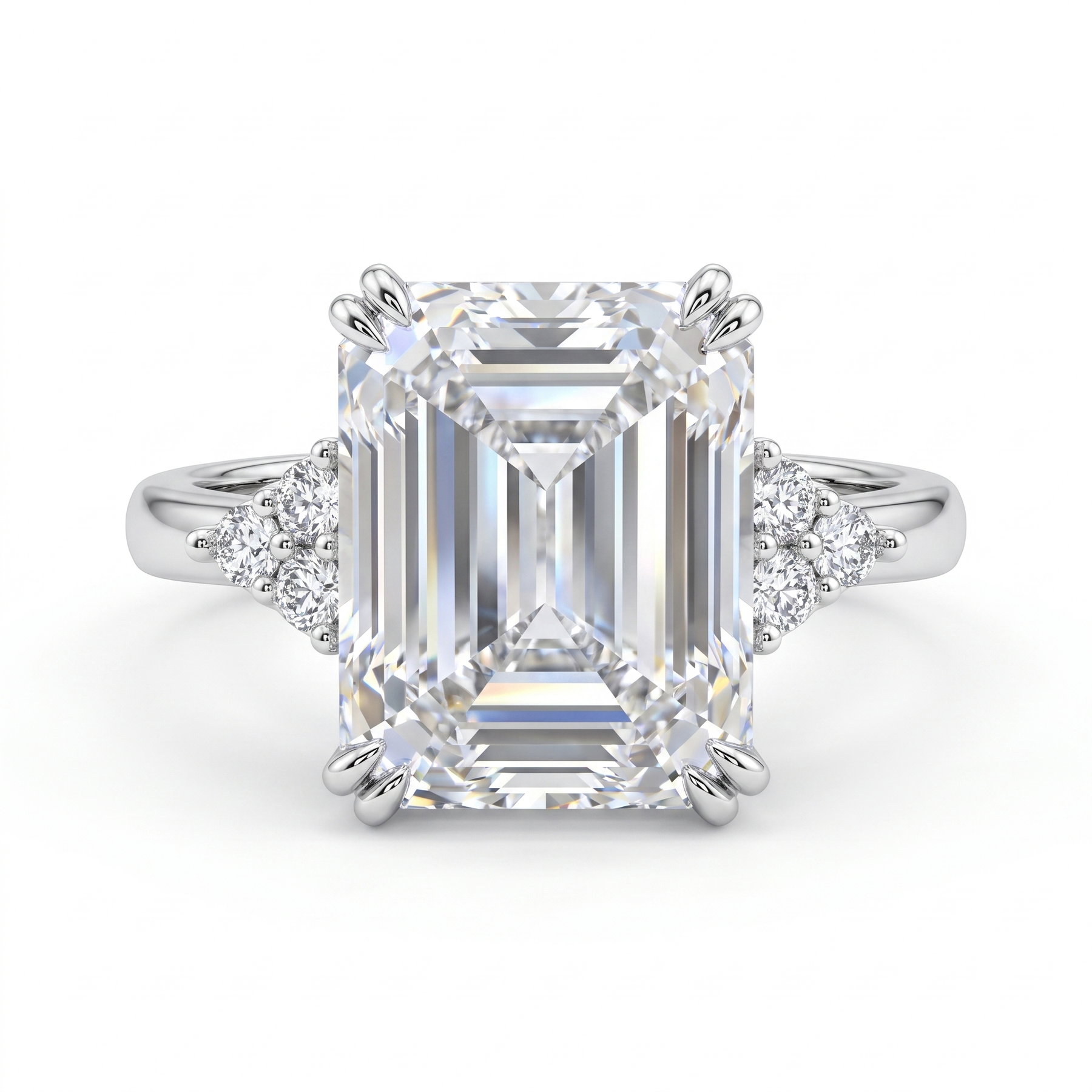 Natural Diamond Ring | Emerald Cut Centre Diamond | 0.19 CT Natural Side Diamonds | 18K White Gold | Saleh Sallom Jewelry