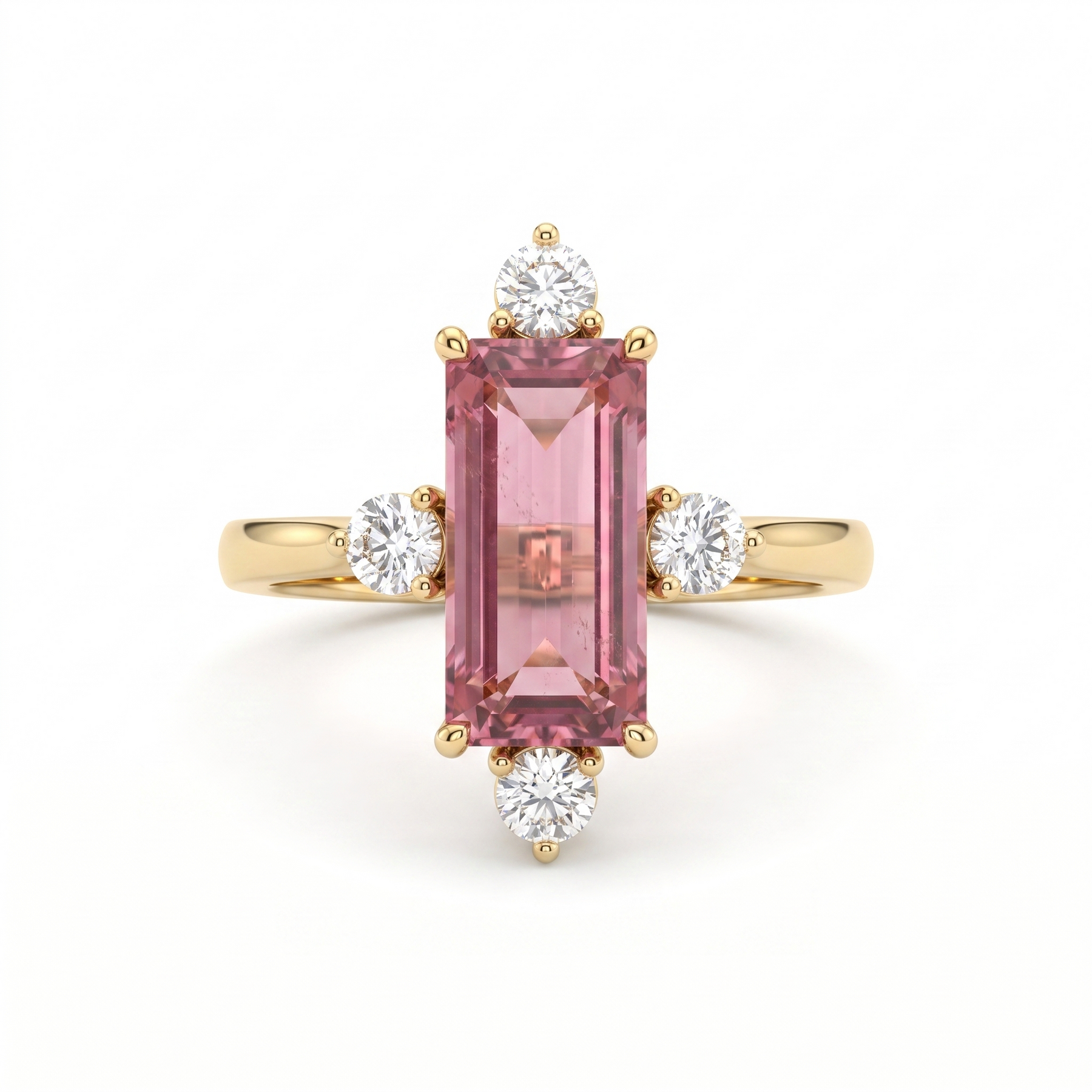 Natural Pink Tourmaline & Diamond Ring | 6.24 CT Emerald Cut Pink Tourmaline | 1.04 CT Natural Diamonds | 18K Yellow Gold | Saleh Sallom Jewelry
