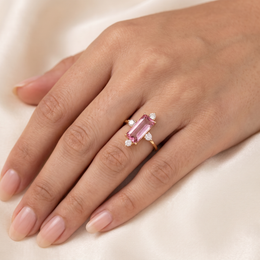 Natural Pink Tourmaline & Diamond Ring | 6.24 CT Emerald Cut Pink Tourmaline | 1.04 CT Natural Diamonds | 18K Yellow Gold | Saleh Sallom Jewelry