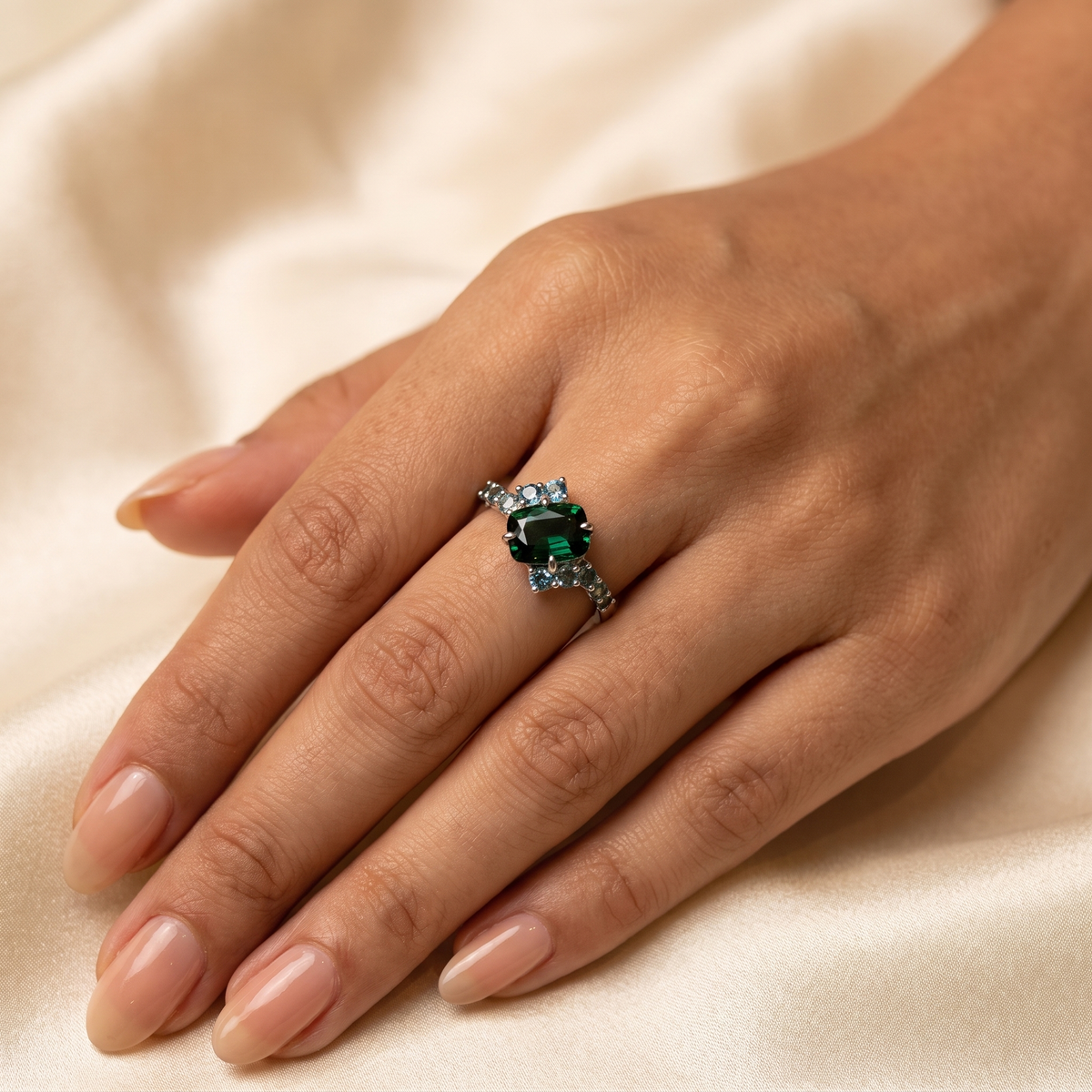 Natural Green Tourmaline & Diamond Ring | 4.90 CT Natural Tourmaline | 0.72 CT Natural Diamonds | 18K White Gold | Saleh Sallom Jewelry Main image