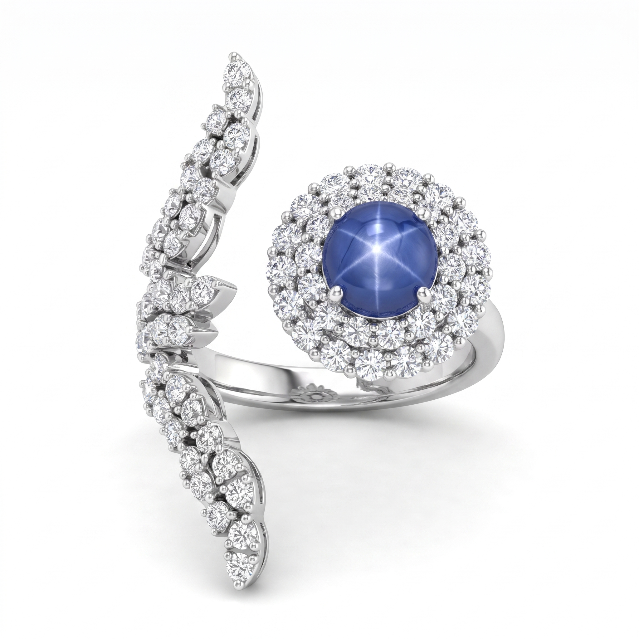 Natural Star Sapphire & Diamond Halo Ring | 1.76 CT Natural Star Sapphire | 1.00 CT Natural Diamonds | 18K White Gold | Saleh Sallom Jewelry Main image