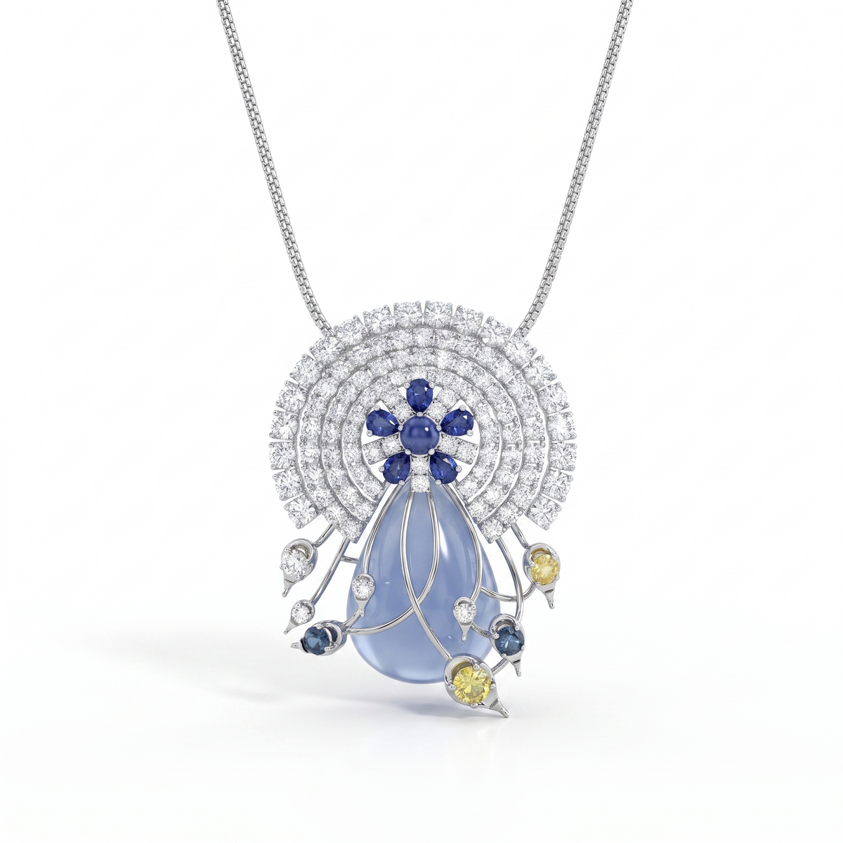 Natural Blue Star Sapphire, Sapphire, Yellow Sapphire & Diamond Pendant Necklace | 1.59 CT Natural Diamonds | 18K White Gold | Saleh Sallom Jewelry