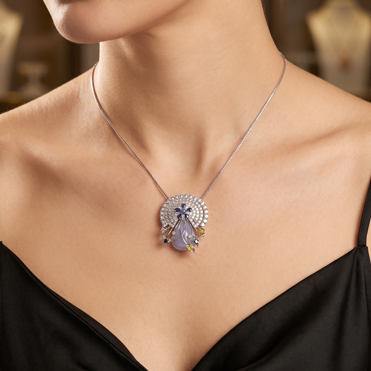 Natural Blue Star Sapphire, Sapphire, Yellow Sapphire & Diamond Pendant Necklace | 1.59 CT Natural Diamonds | 18K White Gold | Saleh Sallom Jewelry
