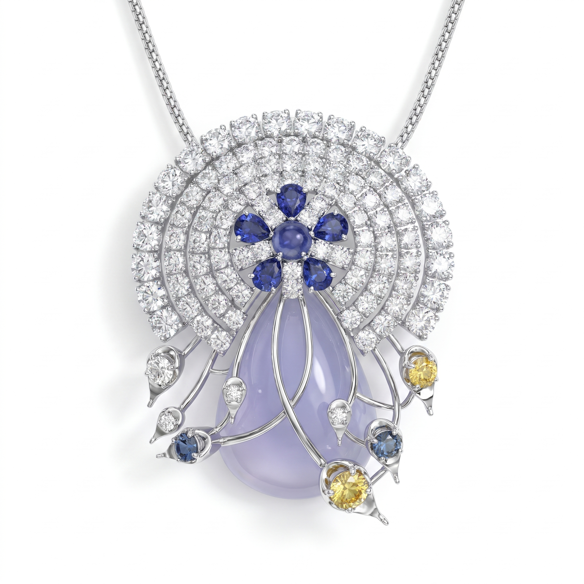 Natural Blue Star Sapphire, Sapphire, Yellow Sapphire & Diamond Pendant Necklace | 1.59 CT Natural Diamonds | 18K White Gold | Saleh Sallom Jewelry Main image