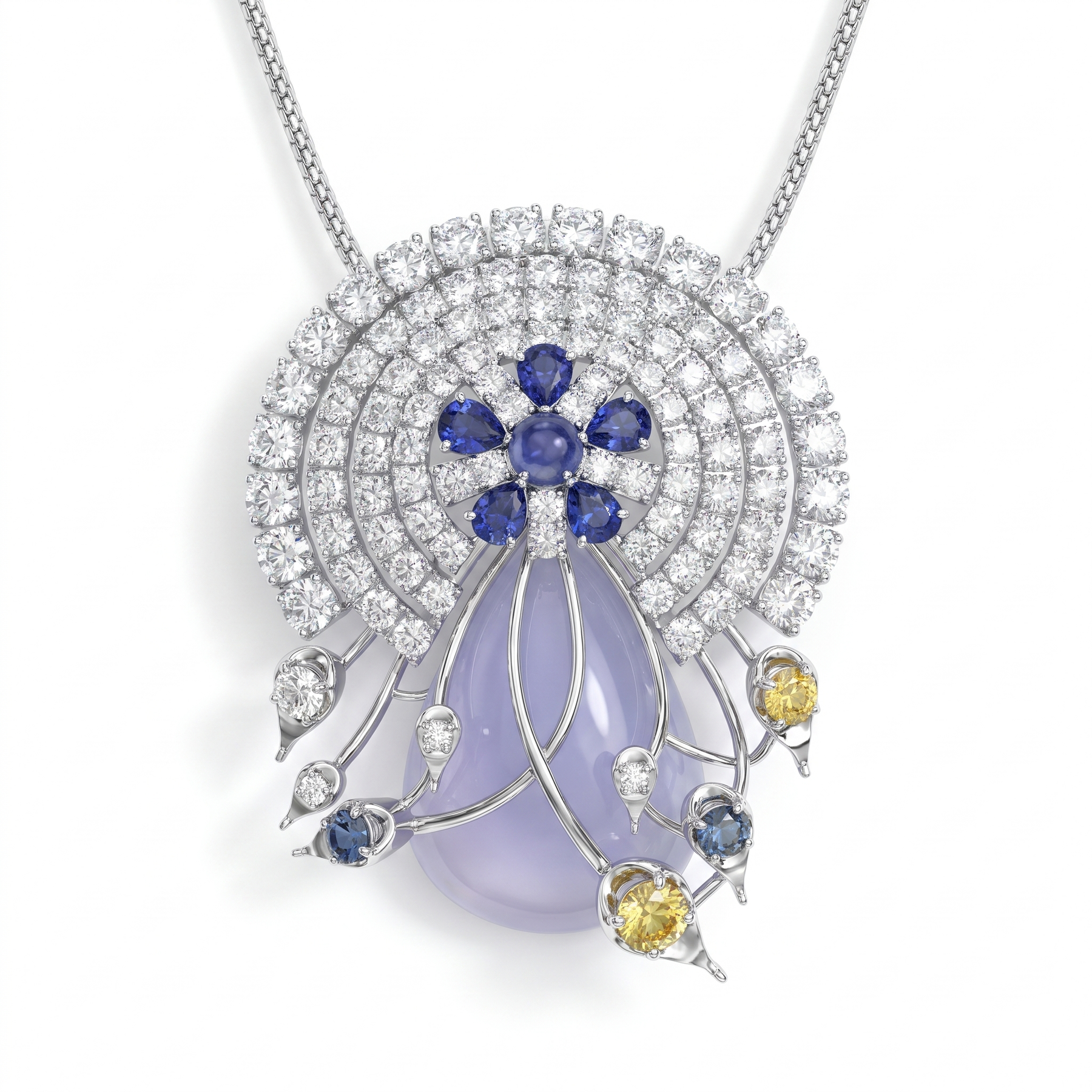 Natural Blue Star Sapphire, Sapphire, Yellow Sapphire & Diamond Pendant Necklace | 1.59 CT Natural Diamonds | 18K White Gold | Saleh Sallom Jewelry