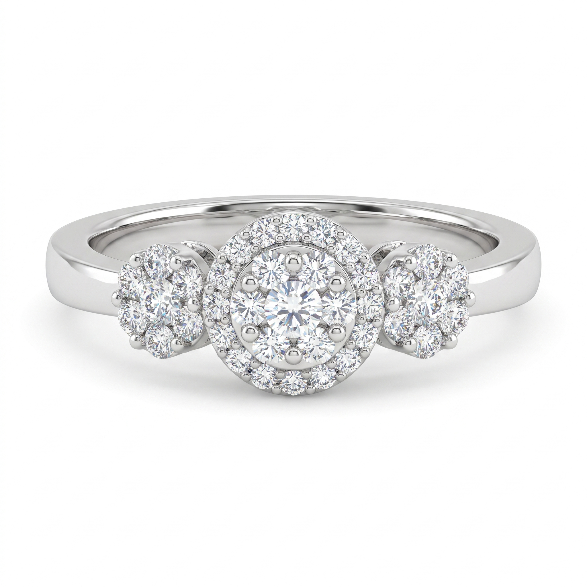 Natural Diamond Halo Three-Stone Ring | 0.25 CT Natural Diamonds | 18K White Gold | IGI Certified | Saleh Sallom Jewelry Main image