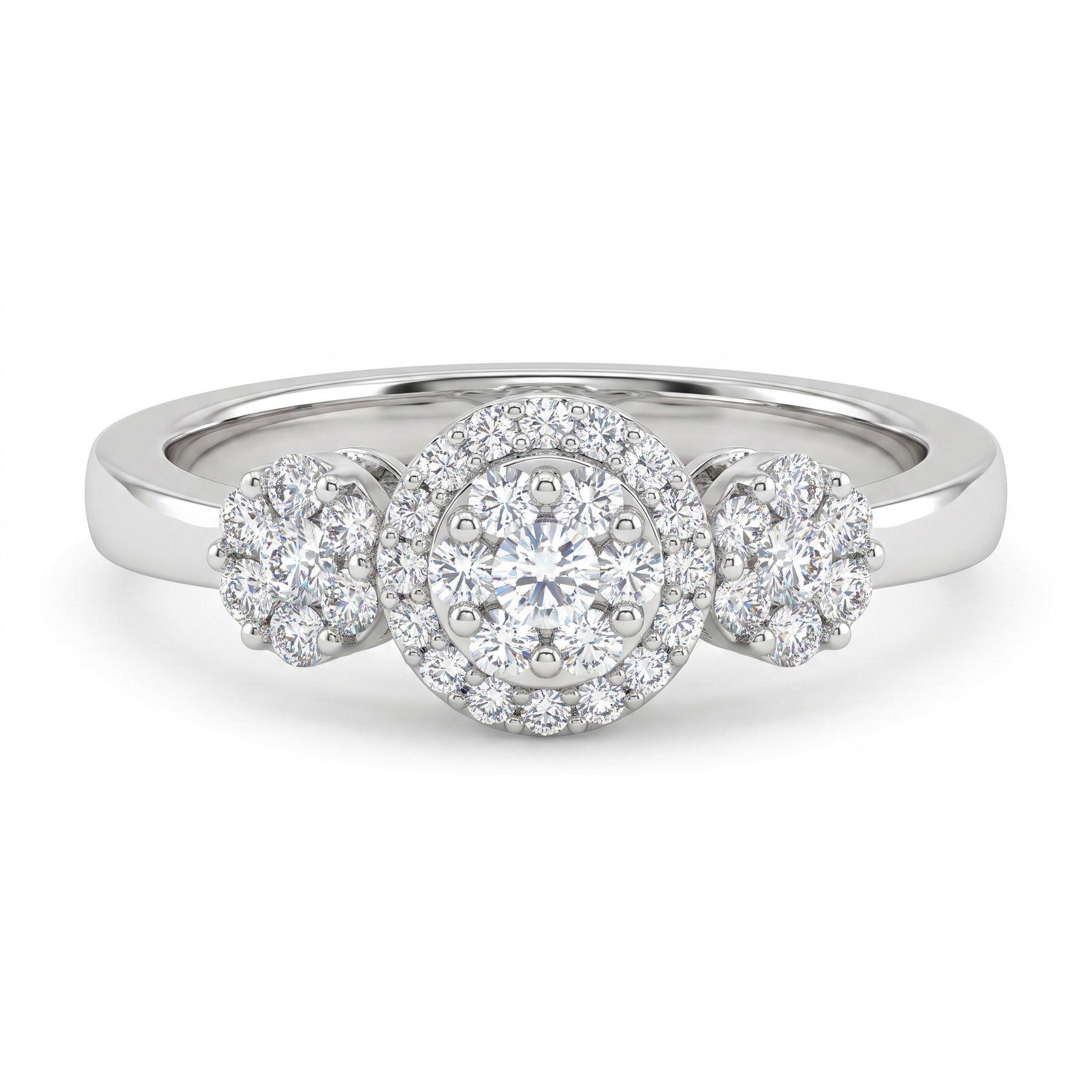 Natural Diamond Halo Three-Stone Ring | 0.25 CT Natural Diamonds | 18K White Gold | IGI Certified | Saleh Sallom Jewelry