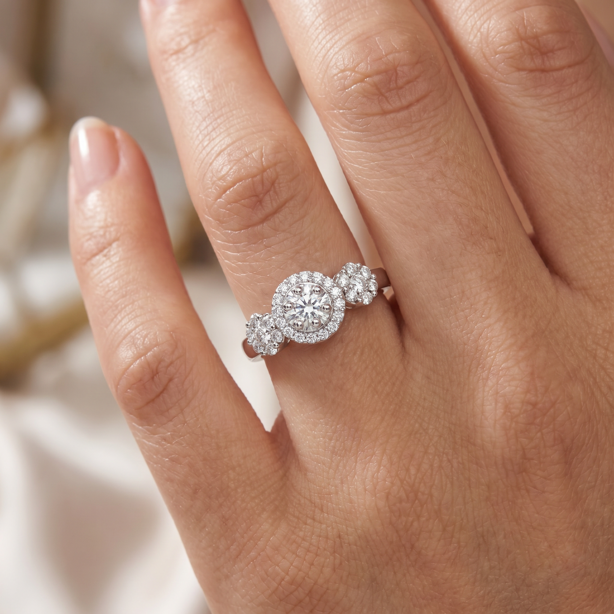 Natural Diamond Halo Three-Stone Ring | 0.25 CT Natural Diamonds | 18K White Gold | IGI Certified | Saleh Sallom Jewelry Secondary image