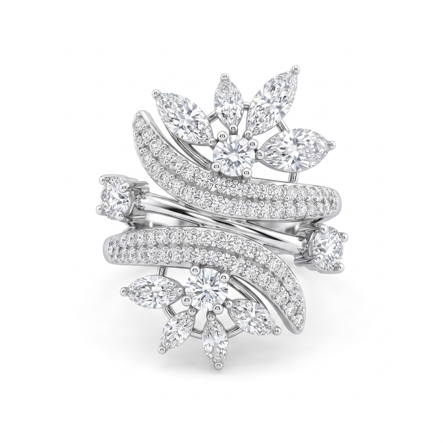 Natural Diamond Floral Statement Ring | 2.00 CT Natural Diamonds | 18K White Gold | Saleh Sallom Jewelry
