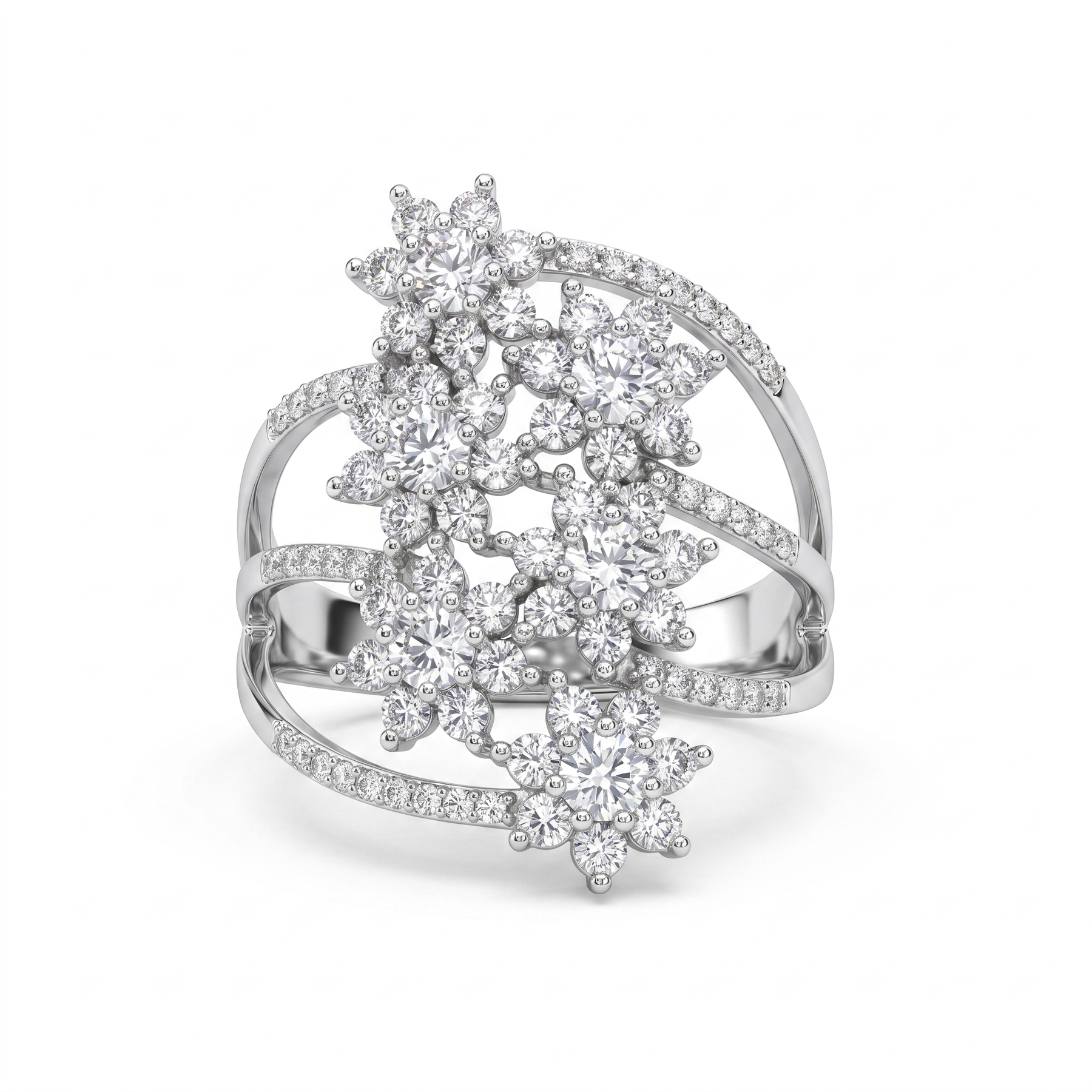 Natural Diamond Floral Cluster Statement Ring | 0.13 CT Natural Diamonds | 18K White Gold | Saleh Sallom Jewelry