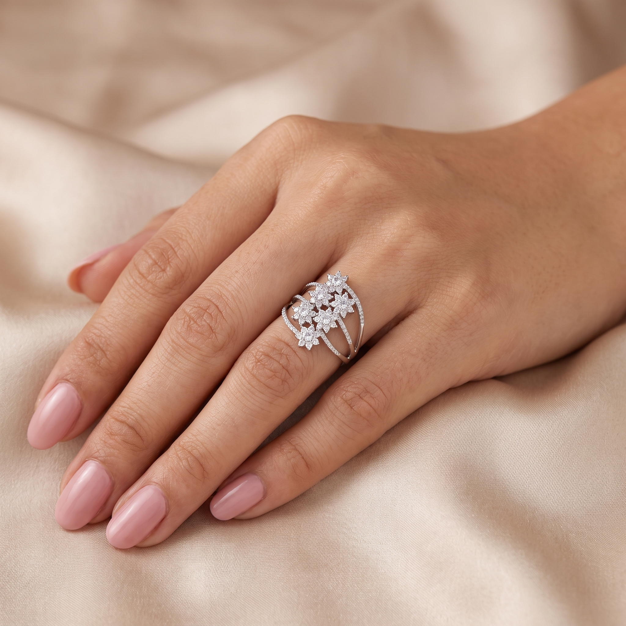 Natural Diamond Floral Cluster Statement Ring | 0.13 CT Natural Diamonds | 18K White Gold | Saleh Sallom Jewelry Secondary image
