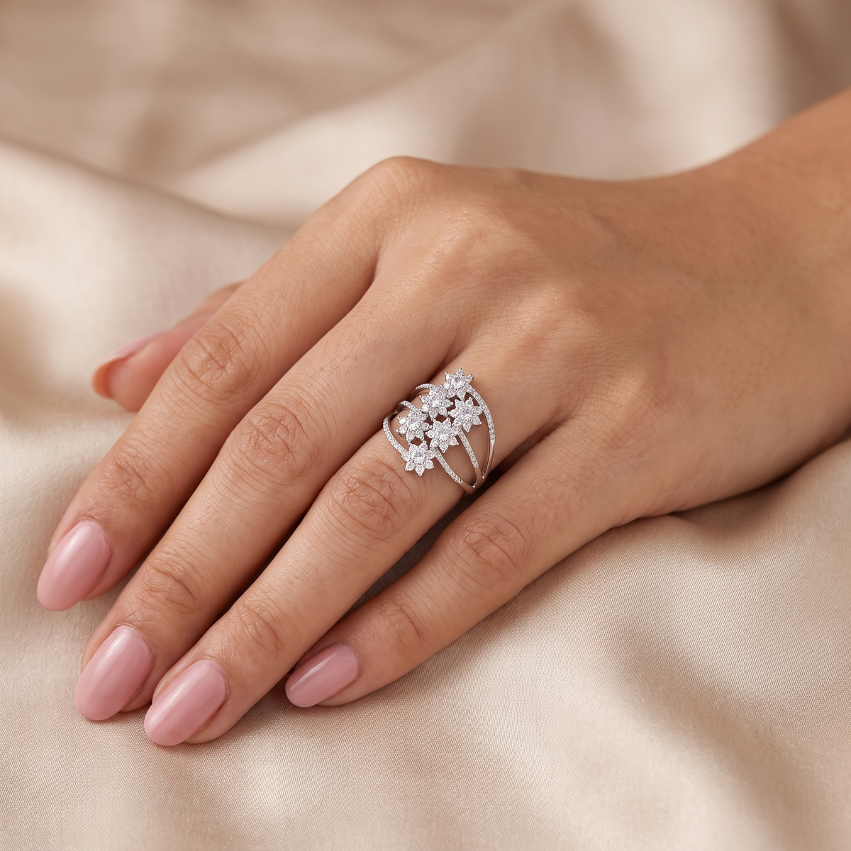 Natural Diamond Floral Cluster Statement Ring | 0.13 CT Natural Diamonds | 18K White Gold | Saleh Sallom Jewelry