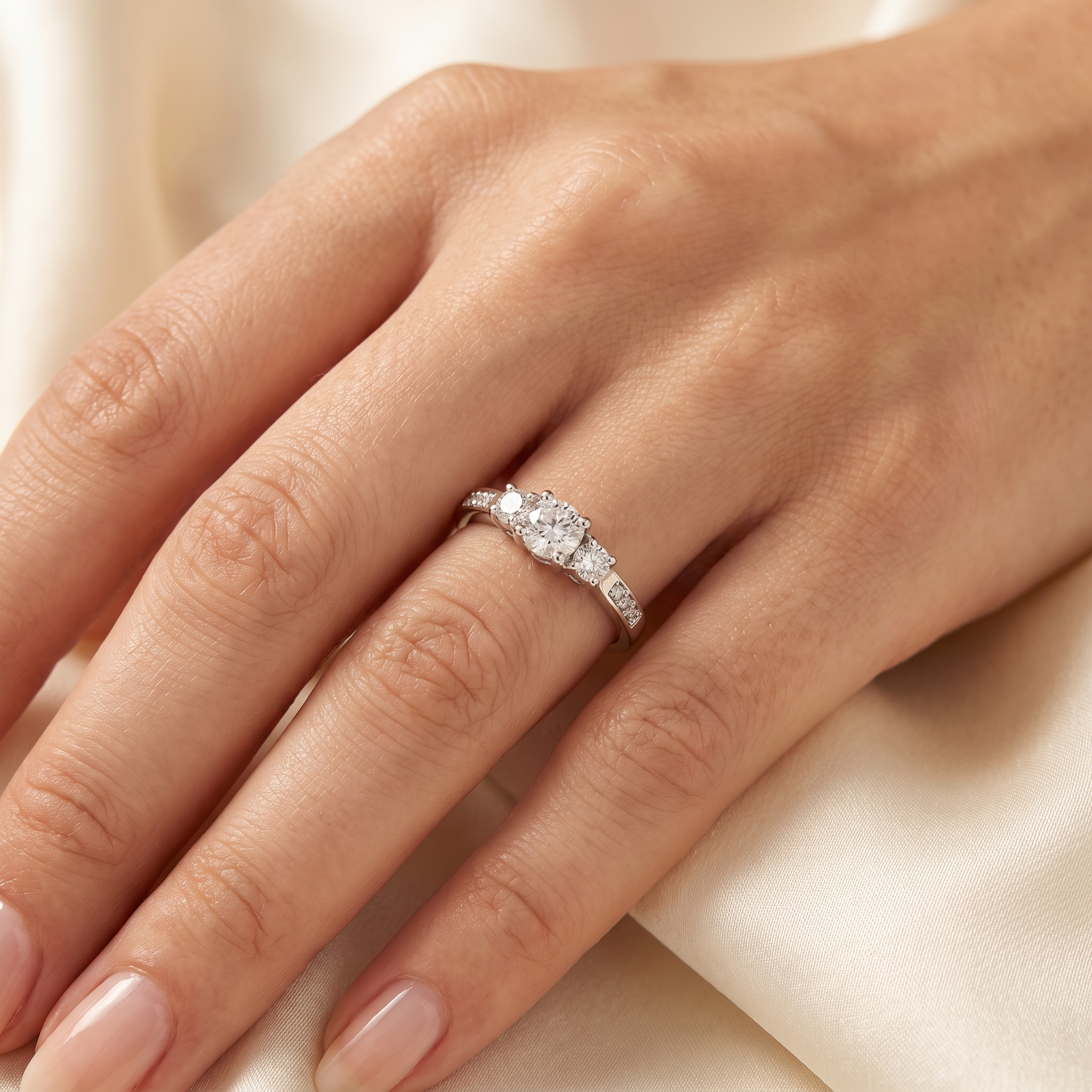 Natural Three Stone Diamond Ring | 0.71 CT Natural Round Brilliant Diamonds | 18K White Gold | Saleh Sallom Jewelry Secondary image