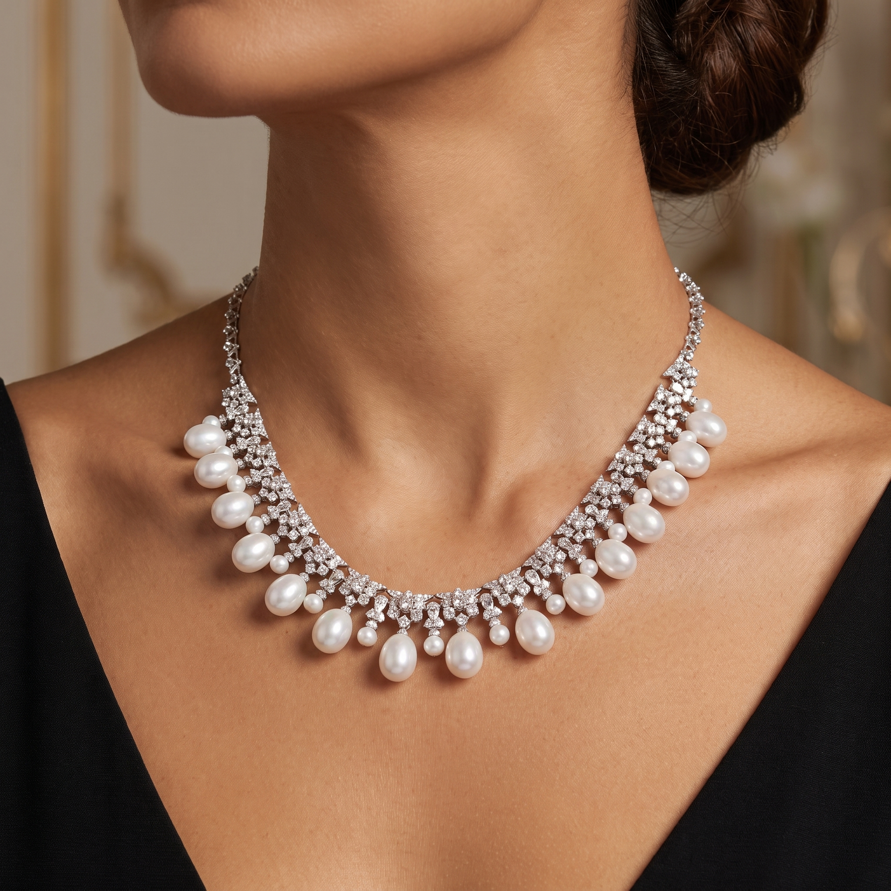 Natural Pearl & Diamond Luxury Necklace | 8.47 CT Natural Diamonds | 18K White Gold | Saleh Sallom Jewelry