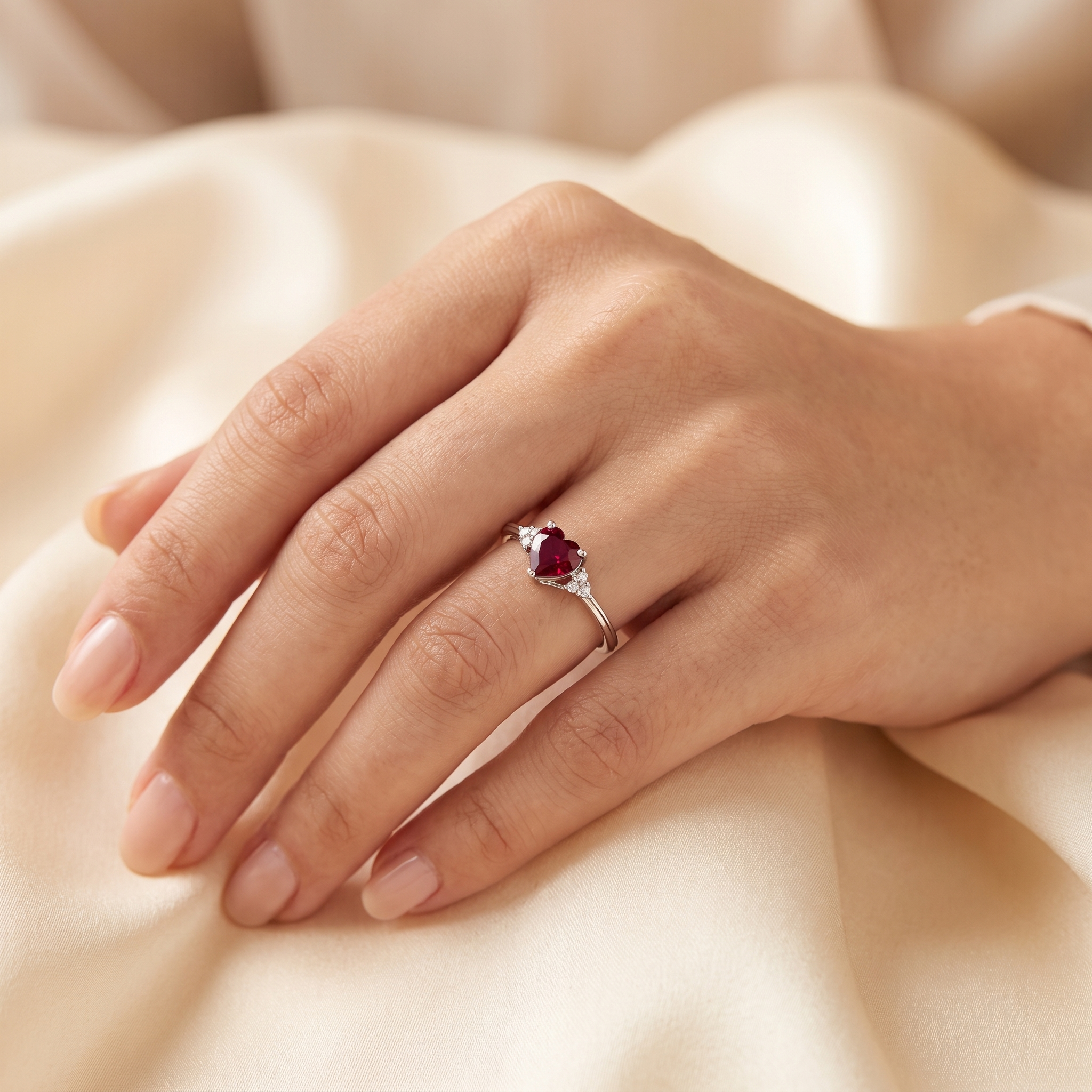 Natural Heart-Cut Ruby & Diamond Ring | 0.10 CT Natural Diamonds | 18K White Gold | Saleh Sallom Jewelry Secondary image