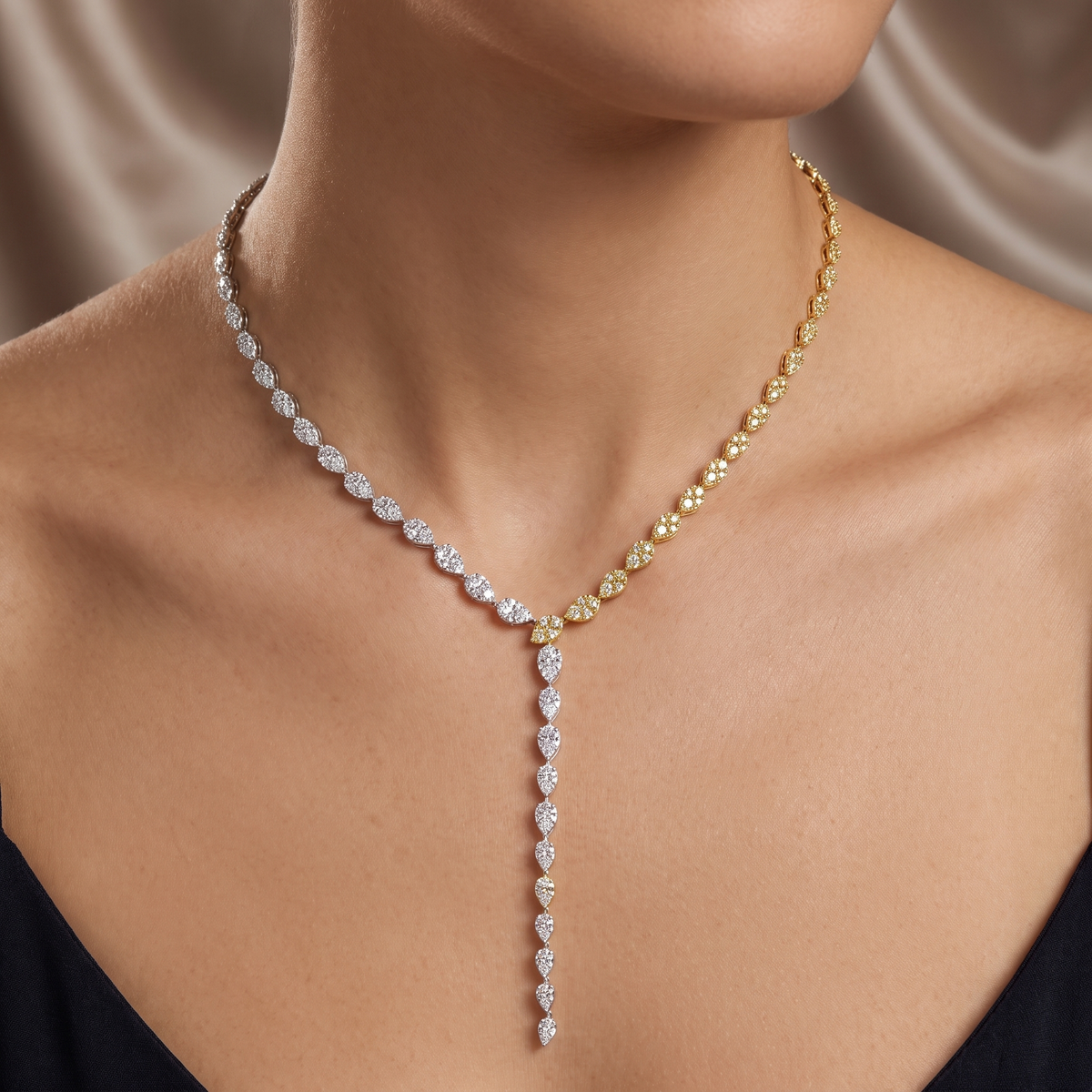 IGI Certified Natural Diamond Two-Tone Lariat Necklace | 2.15 CT Natural Diamonds | 18K White & Yellow Gold | Saleh Sallom Jewelry