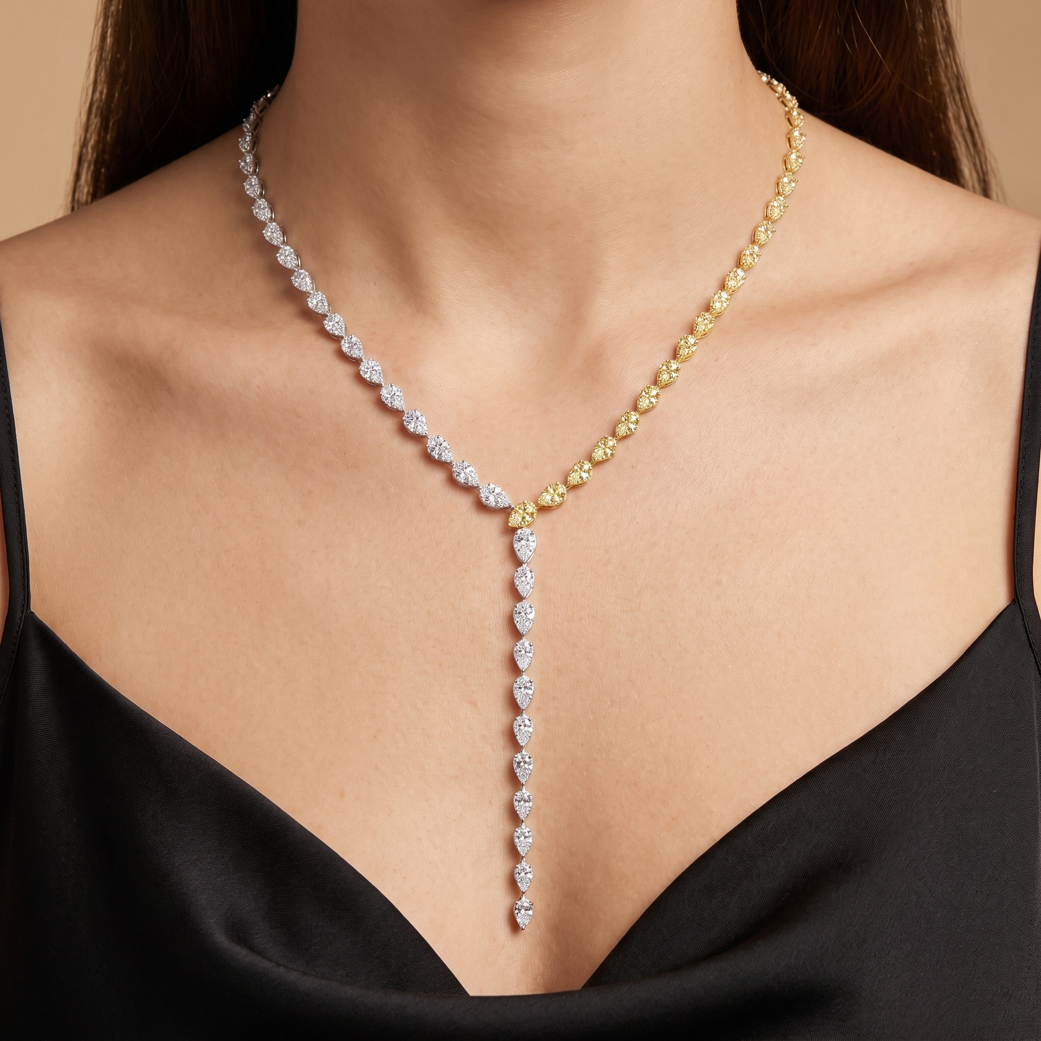 IGI Certified Natural Diamond Two-Tone Lariat Necklace | 2.15 CT Natural Diamonds | 18K White & Yellow Gold | Saleh Sallom Jewelry Secondary image