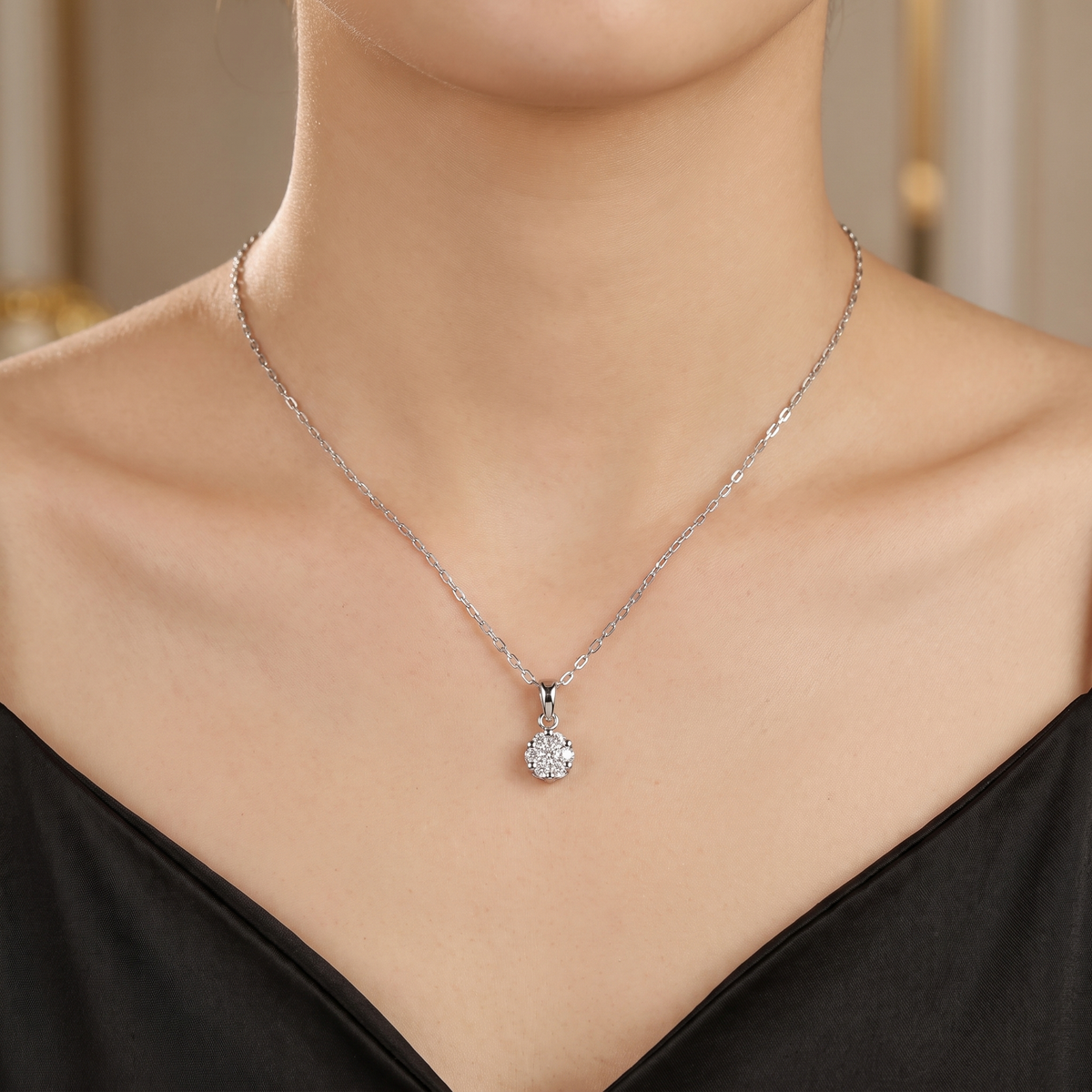 Natural Diamond Cluster Pendant Necklace | 0.12 CT Natural Diamonds | 18K White Gold | Saleh Sallom Jewelry