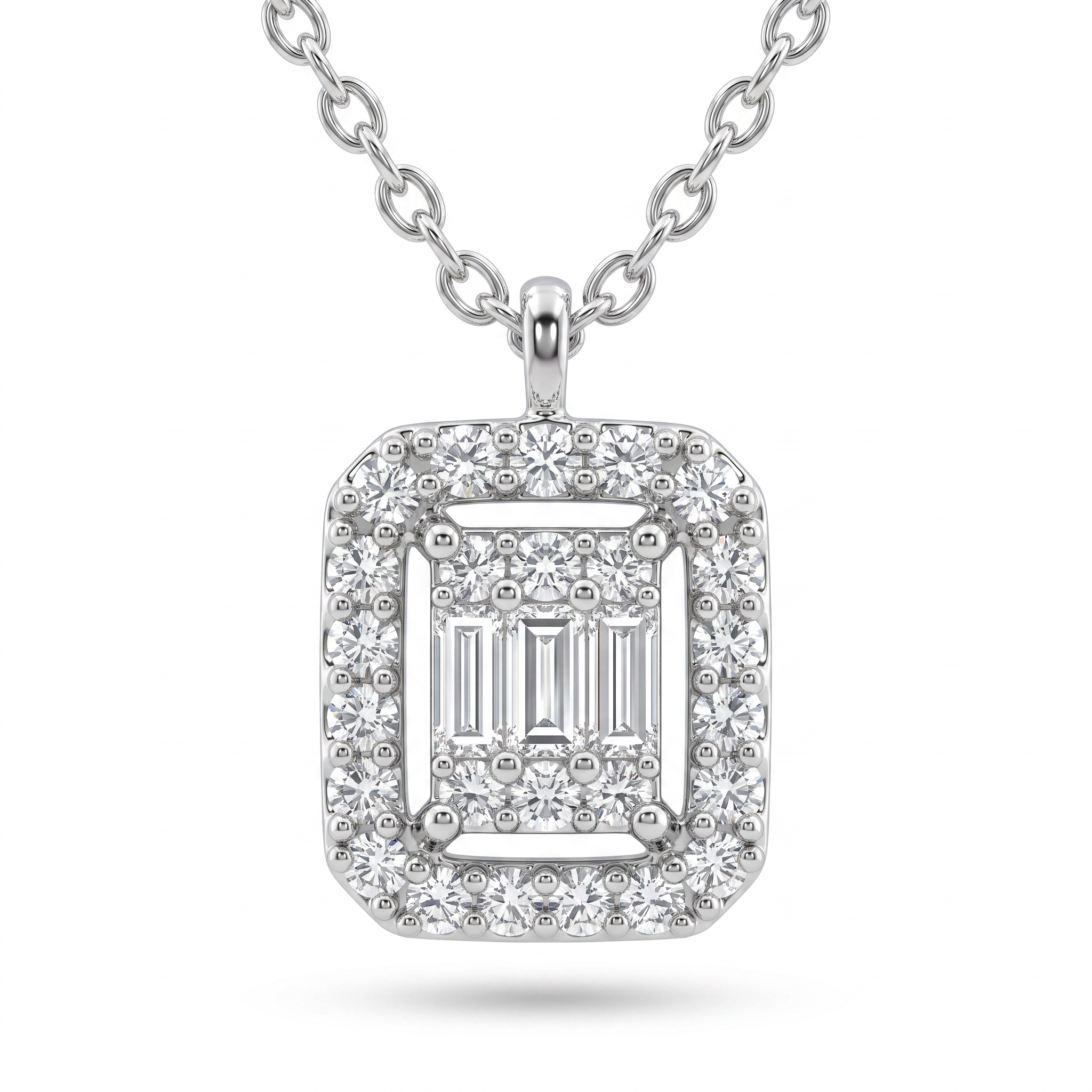 Natural Baguette & Round Diamond Halo Pendant Necklace | 0.42 CT Natural Diamonds | 18K White Gold | Saleh Sallom Jewelry Main image