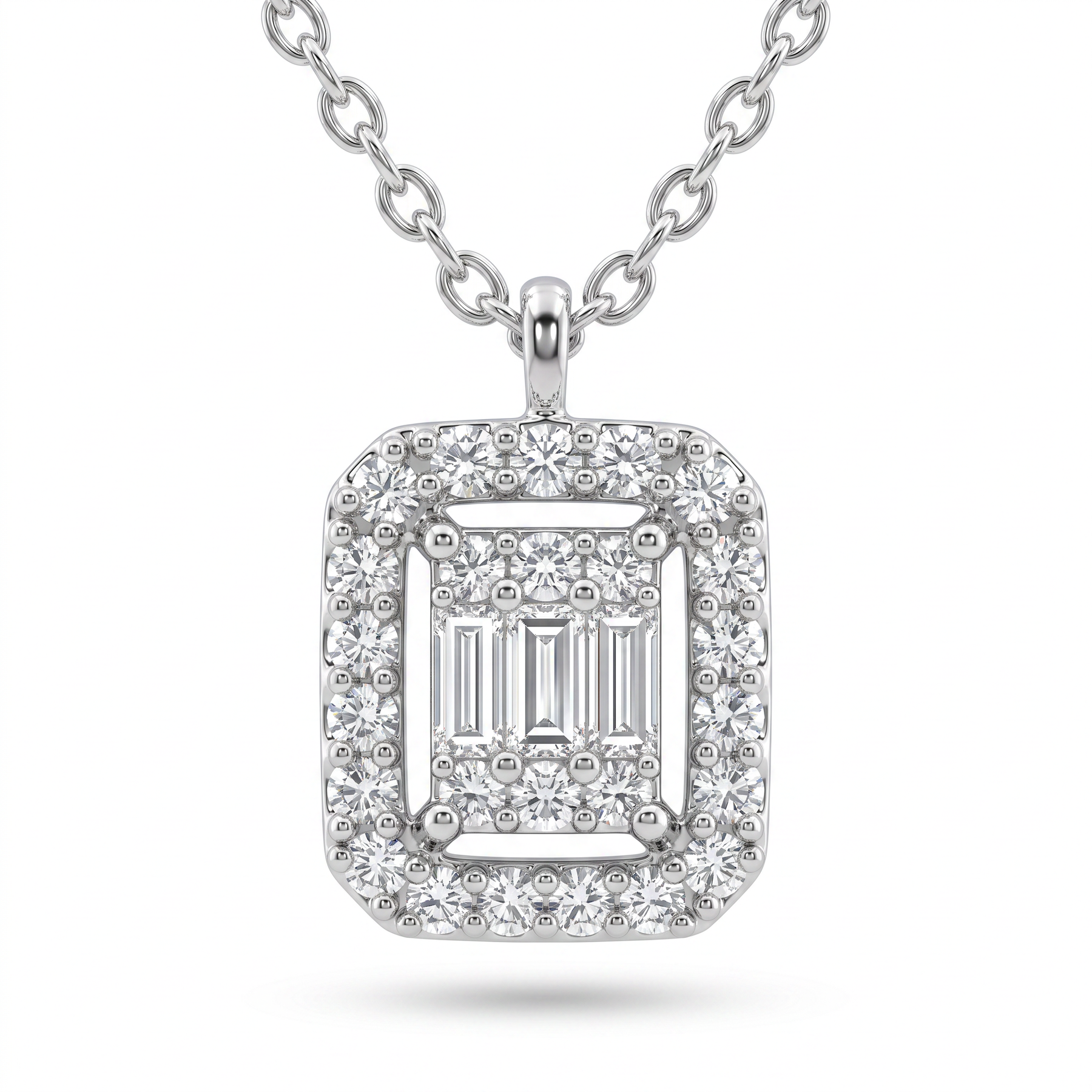 Natural Baguette & Round Diamond Halo Pendant Necklace | 0.42 CT Natural Diamonds | 18K White Gold | Saleh Sallom Jewelry