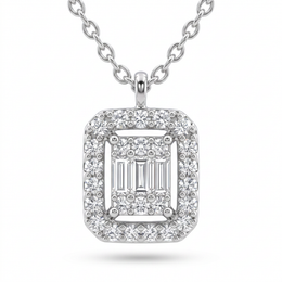 Natural Baguette & Round Diamond Halo Pendant Necklace | 0.42 CT Natural Diamonds | 18K White Gold | Saleh Sallom Jewelry