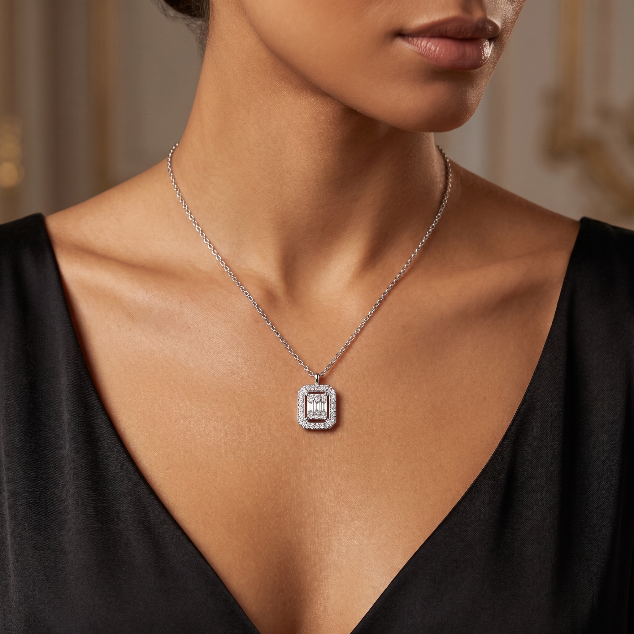 Natural Baguette & Round Diamond Halo Pendant Necklace | 0.42 CT Natural Diamonds | 18K White Gold | Saleh Sallom Jewelry Secondary image