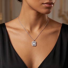Natural Baguette & Round Diamond Halo Pendant Necklace | 0.42 CT Natural Diamonds | 18K White Gold | Saleh Sallom Jewelry
