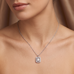 Natural Baguette & Round Diamond Halo Pendant Necklace | 0.42 CT Natural Diamonds | 18K White Gold | Saleh Sallom Jewelry