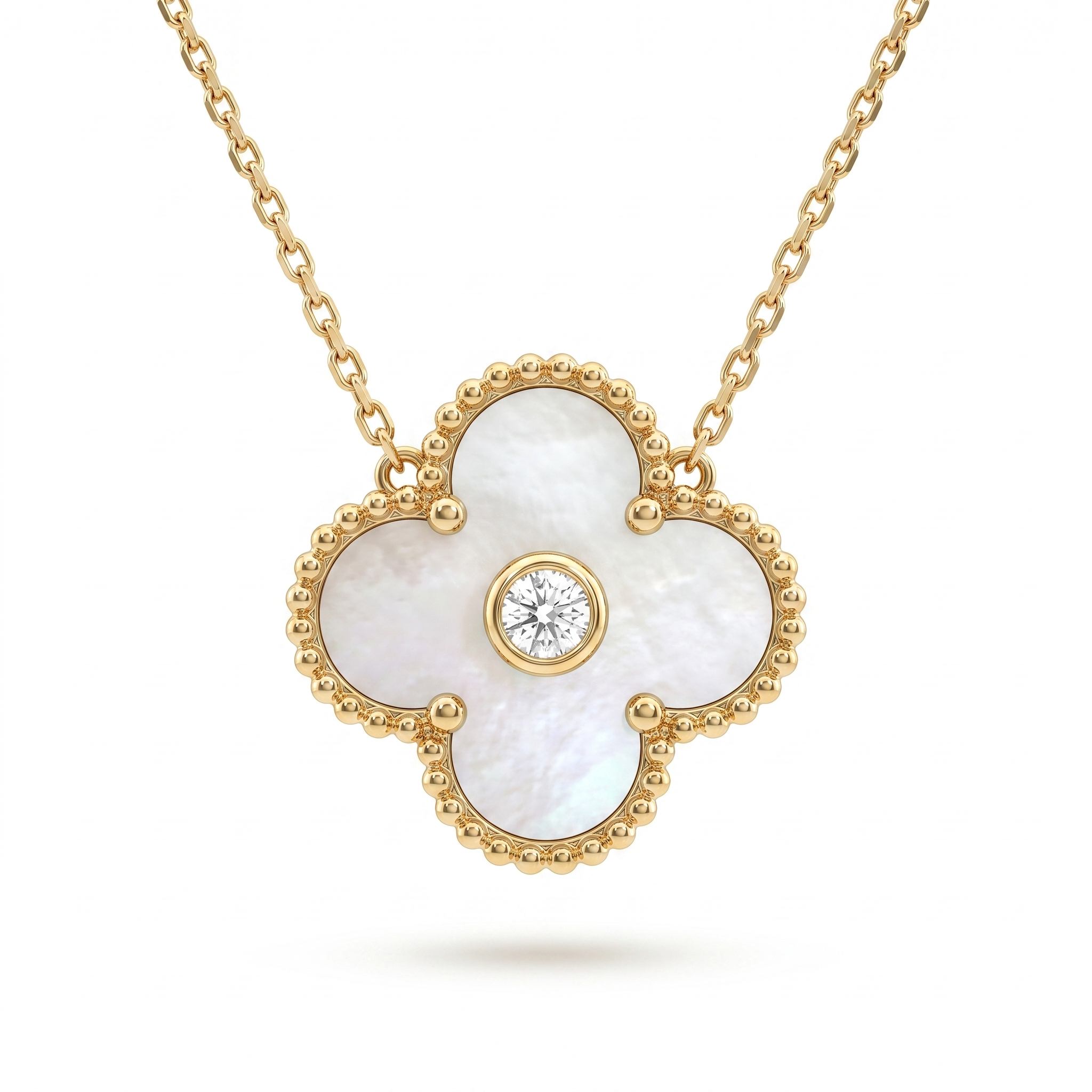 Natural Mother of Pearl & Diamond Clover Necklace | 0.11 CT Natural Diamond | 18K Yellow Gold | Saleh Sallom Jewelry Main image