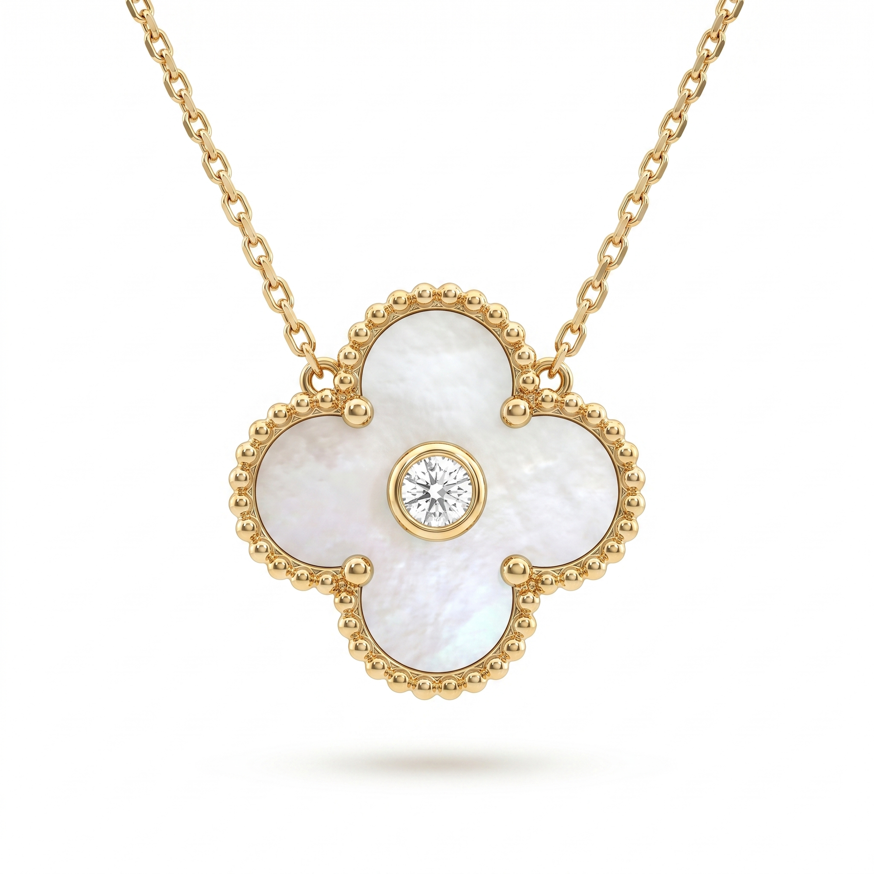Natural Mother of Pearl & Diamond Clover Necklace | 0.11 CT Natural Diamond | 18K Yellow Gold | Saleh Sallom Jewelry