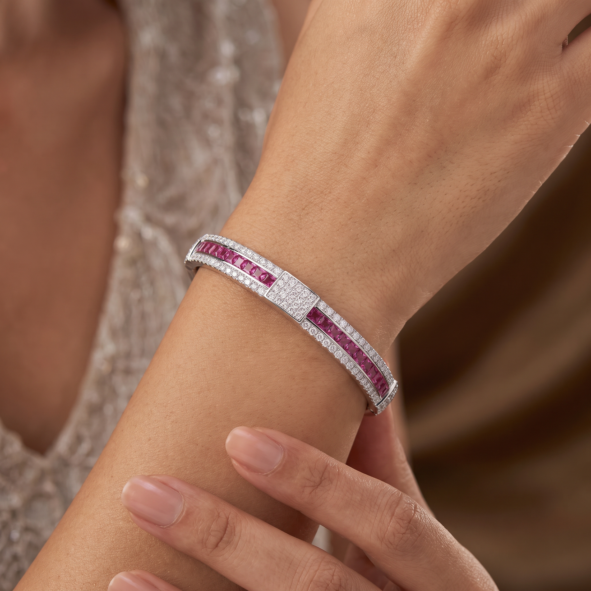 Ruby & Natural Diamond Bangle | 1.04 CT Natural Diamonds | 18K White Gold | Saleh Sallom Jewelry Secondary image