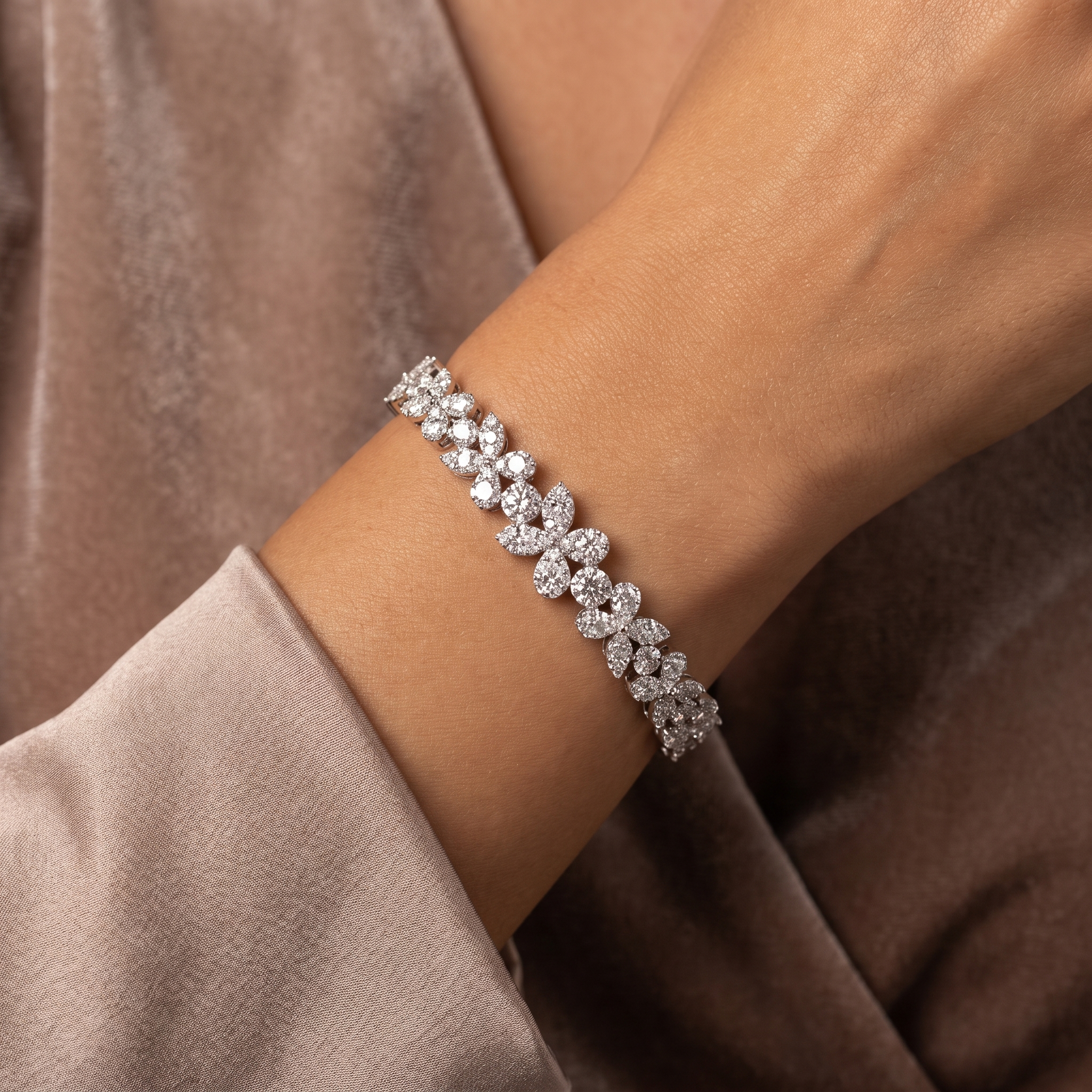 Natural Diamond Floral Tennis Bracelet | 3.05 CT Natural Diamonds | 18K White Gold | Saleh Sallom Jewelry Secondary image