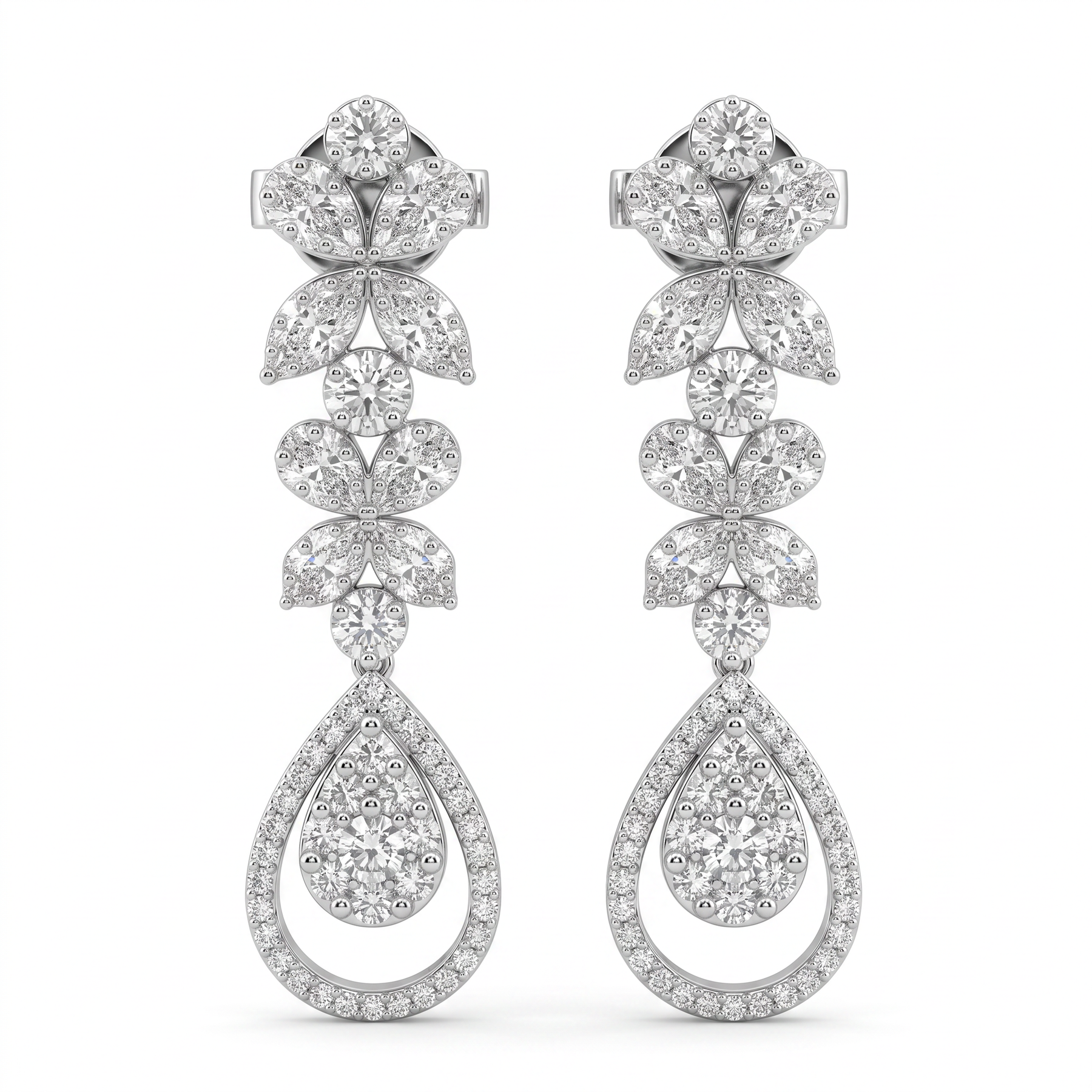 Diamond Floral Drop Earrings | 2.34 CT Diamonds | 18K White Gold | Saleh Sallom Jewelry