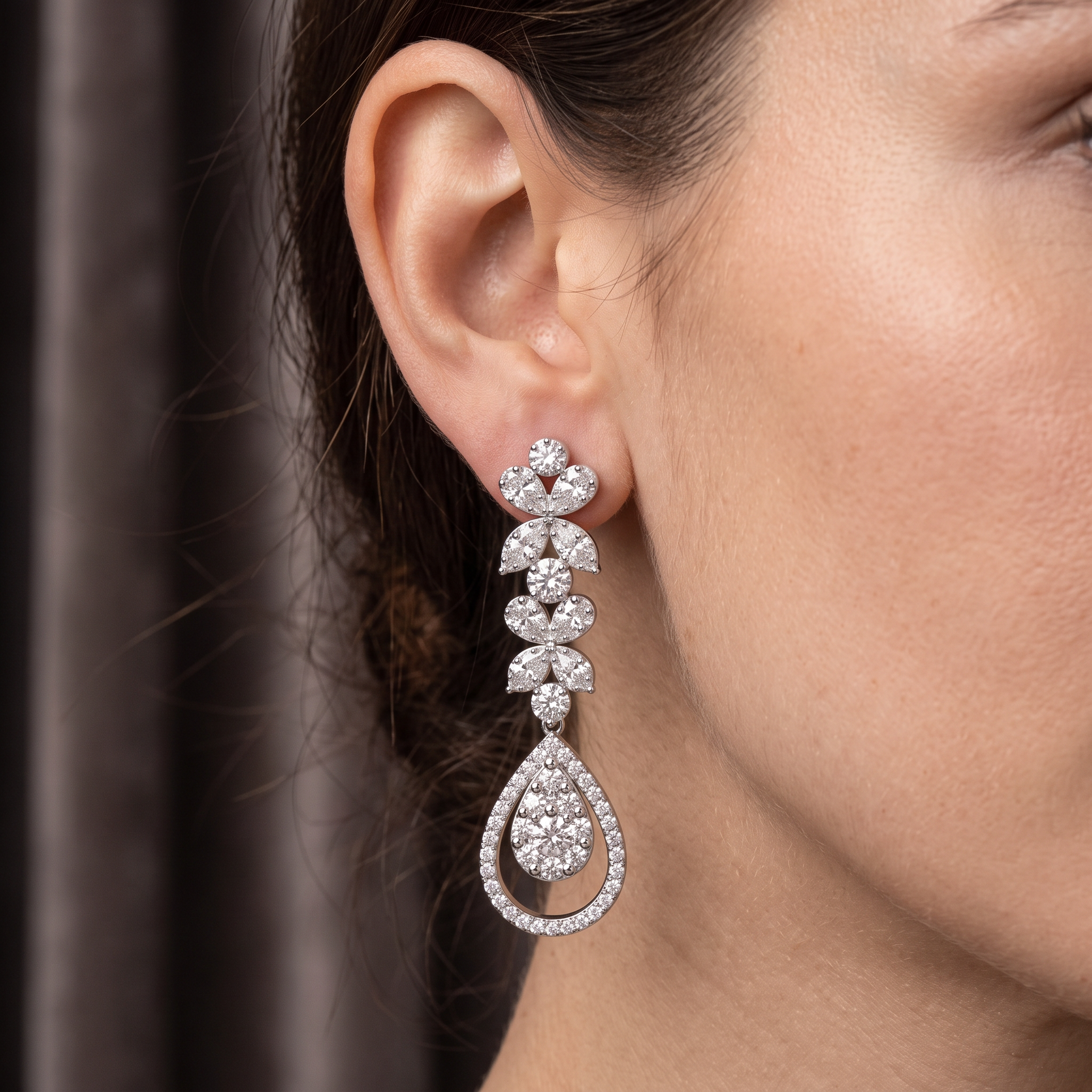Diamond Floral Drop Earrings | 2.34 CT Diamonds | 18K White Gold | Saleh Sallom Jewelry Secondary image