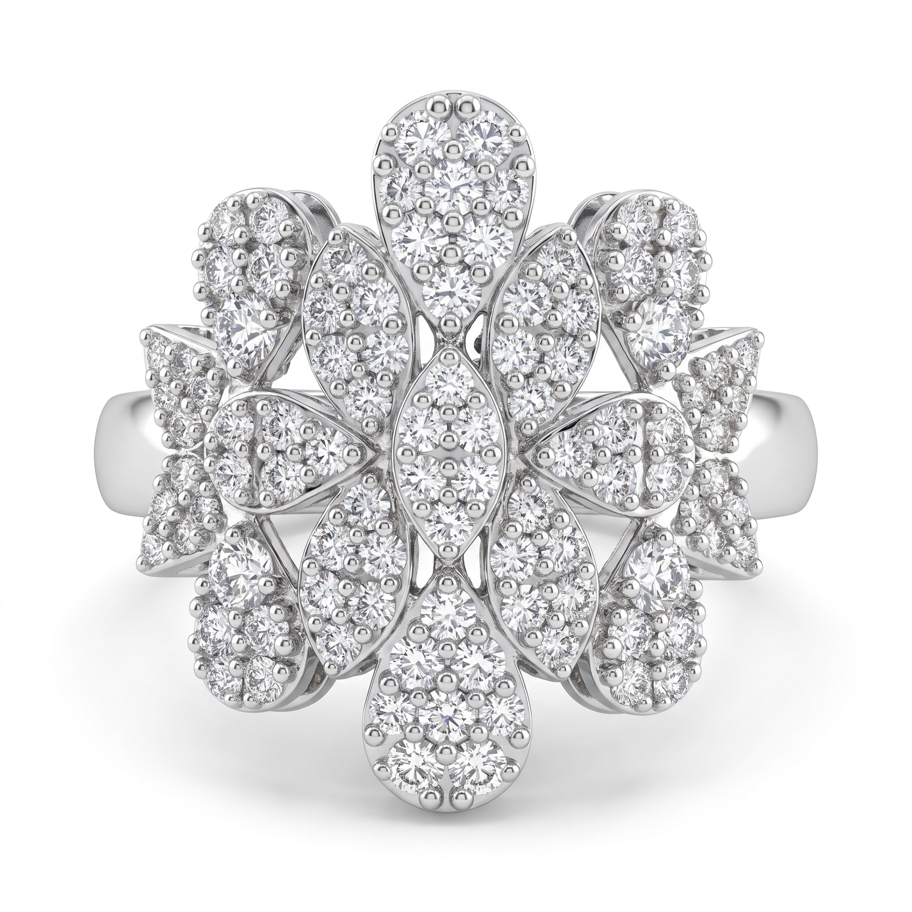 Natural Diamond Floral Statement Ring | 0.91 CT Natural Diamonds | 18K White Gold | IGI Certified | Saleh Sallom Jewelry