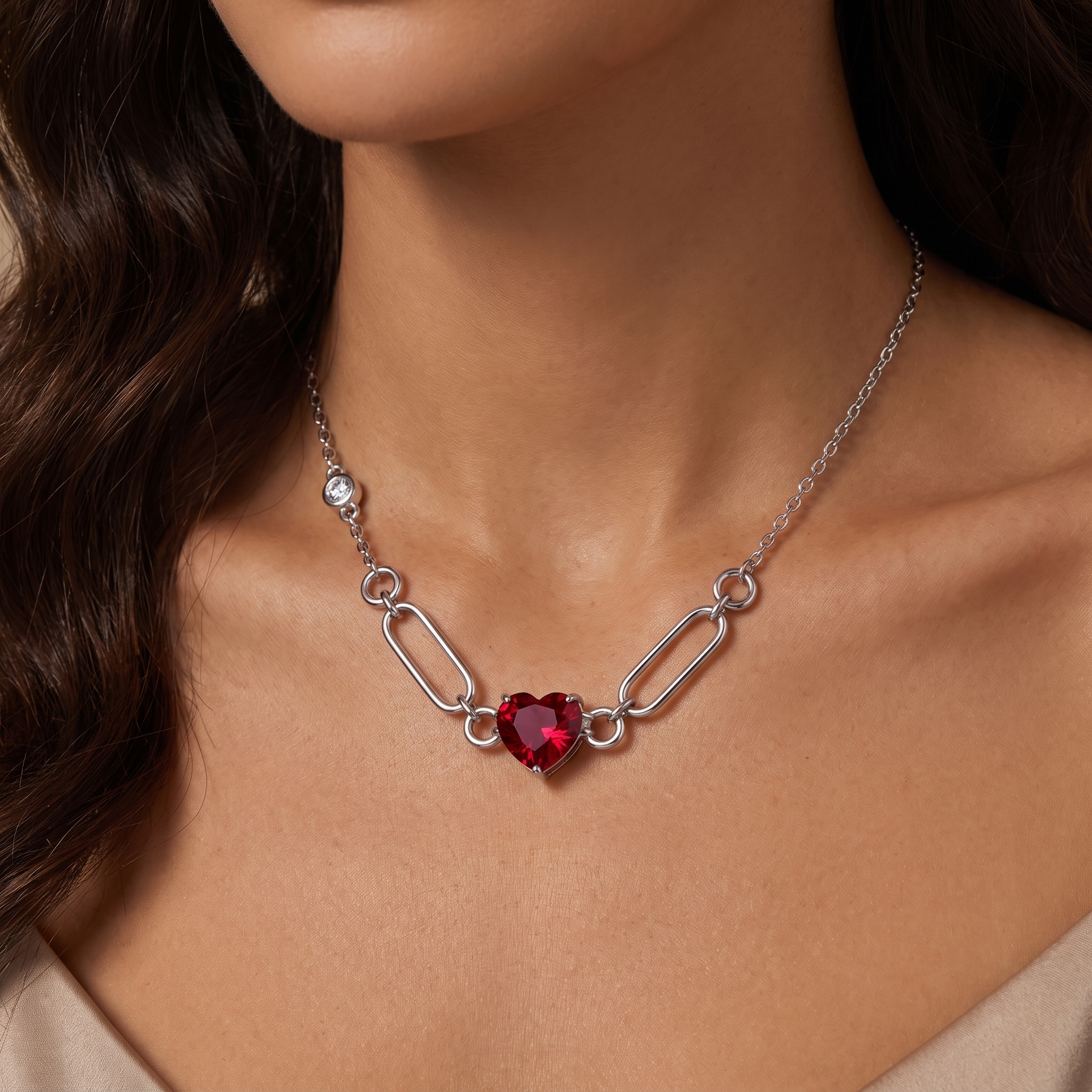 Laboratory-Grown Red Gemstone Heart Necklace | 3.41 CT Red Gemstone | 0.06 CT Natural Diamonds | 18K White Gold | Saleh Sallom Jewelry Secondary image