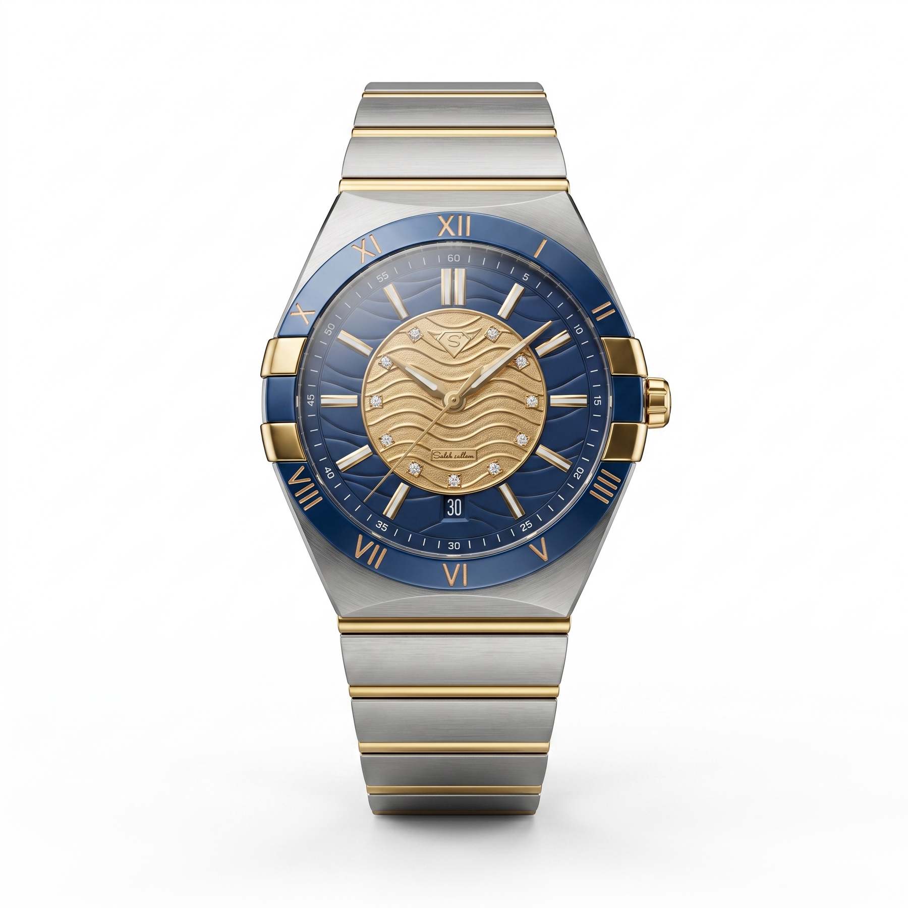 Natural Diamond Luxury Watch | 0.0085 CT Natural Diamonds | Two-Tone Stainless Steel | Blue Dial | Saleh Sallom | SSJ-WAT-0010