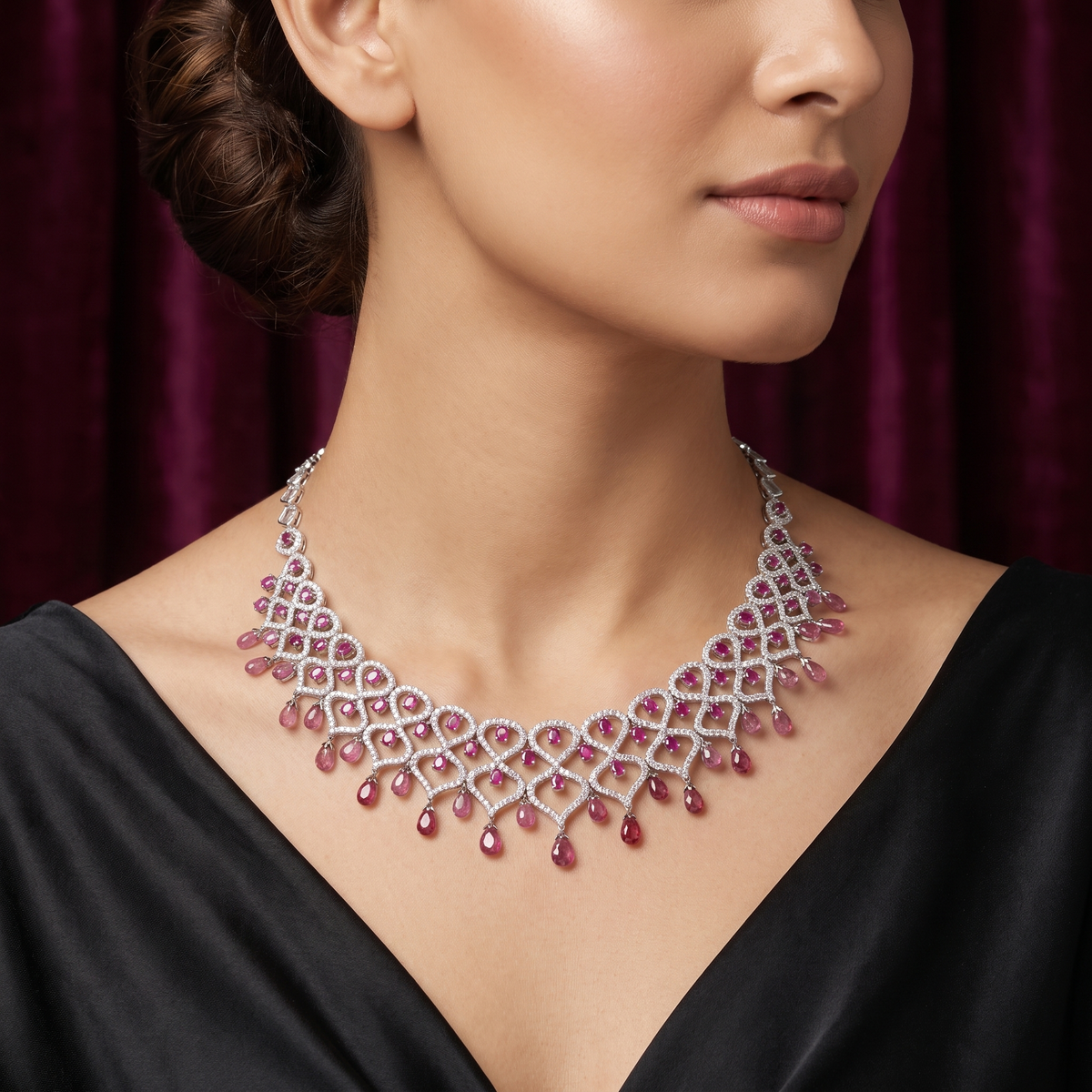 Natural Ruby & Diamond Statement Necklace | 7.63 CT Natural Diamonds | 18K White Gold | Saleh Sallom Jewelry