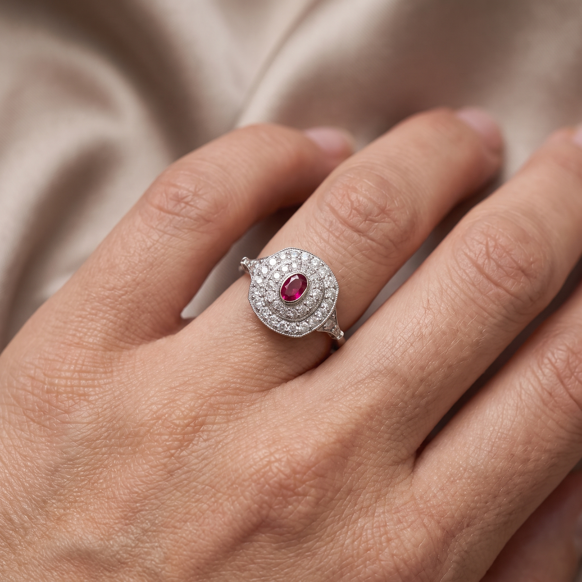 Natural Ruby & Diamond Halo Ring | 0.44 CT Natural Diamonds | 18K White Gold | Saleh Sallom Jewelry