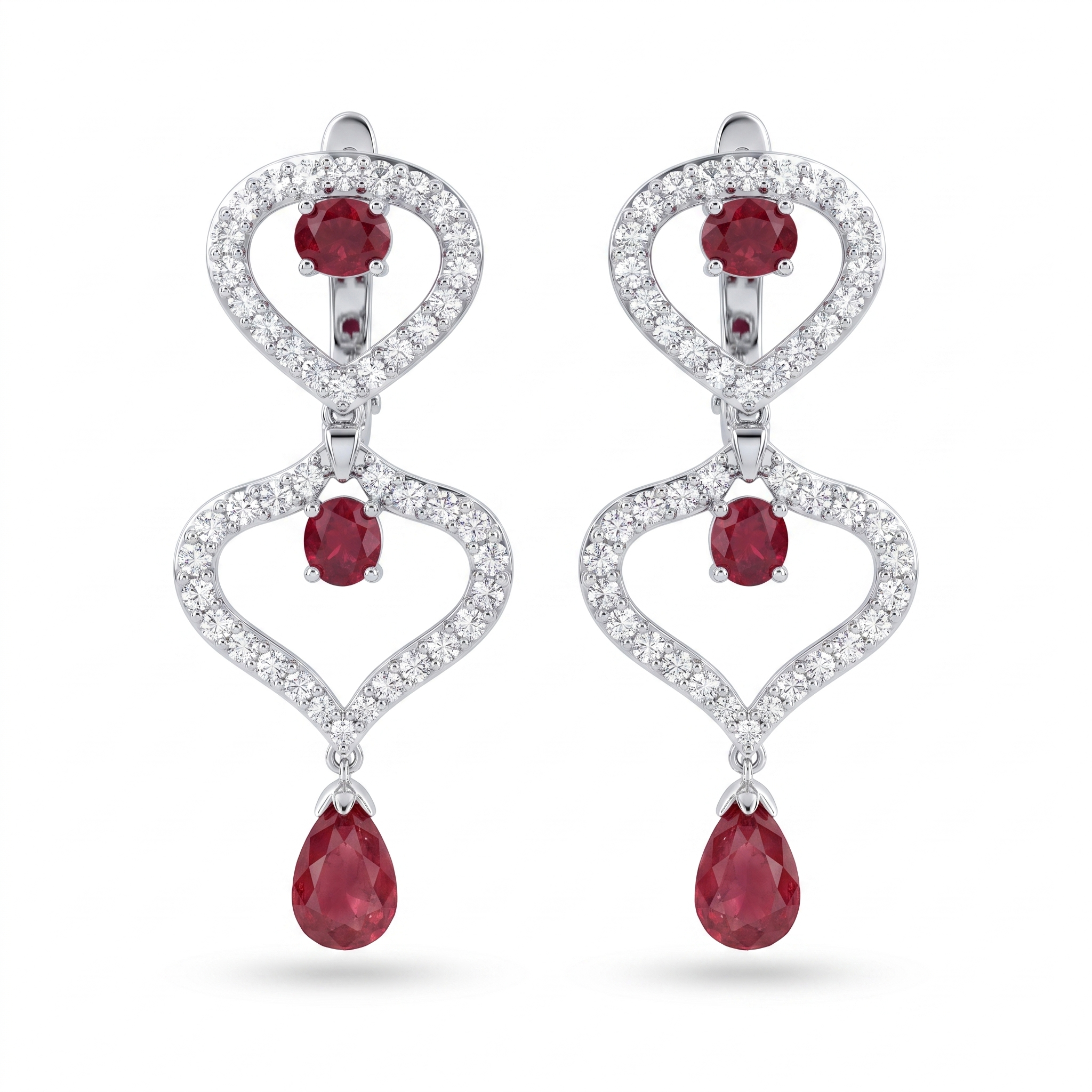 Natural Ruby & Diamond Heart Drop Earrings | 1.03 CT Natural Diamonds | 18K White Gold | Saleh Sallom Jewelry Main image