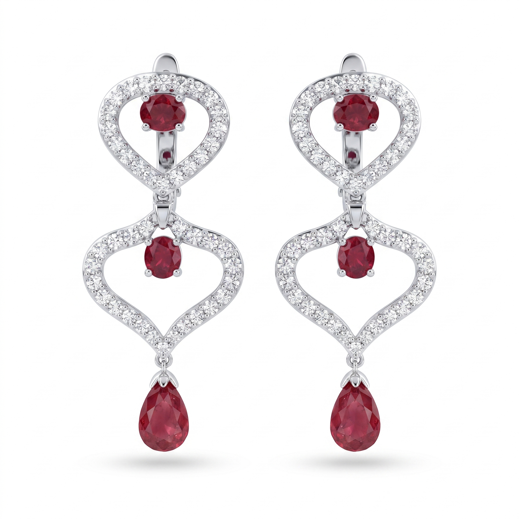 Natural Ruby & Diamond Heart Drop Earrings | 1.03 CT Natural Diamonds | 18K White Gold | Saleh Sallom Jewelry