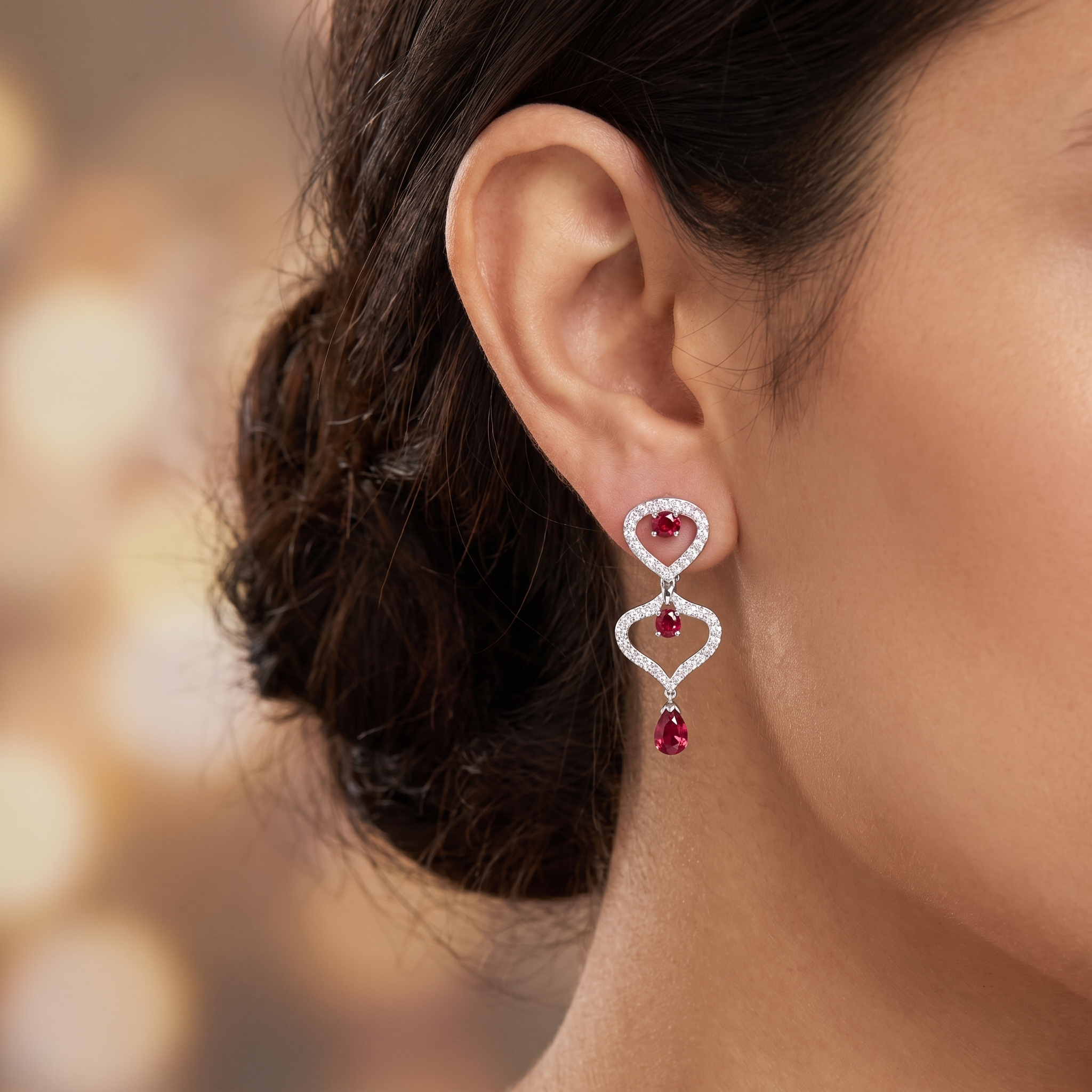 Natural Ruby & Diamond Heart Drop Earrings | 1.03 CT Natural Diamonds | 18K White Gold | Saleh Sallom Jewelry Secondary image