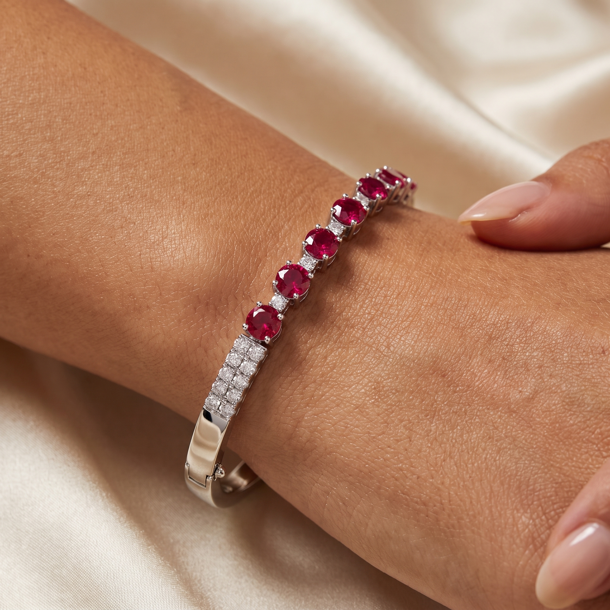Natural Ruby & Diamond Bangle Bracelet | 0.84 CT Natural Diamonds | 18K White Gold | Saleh Sallom Jewelry Secondary image